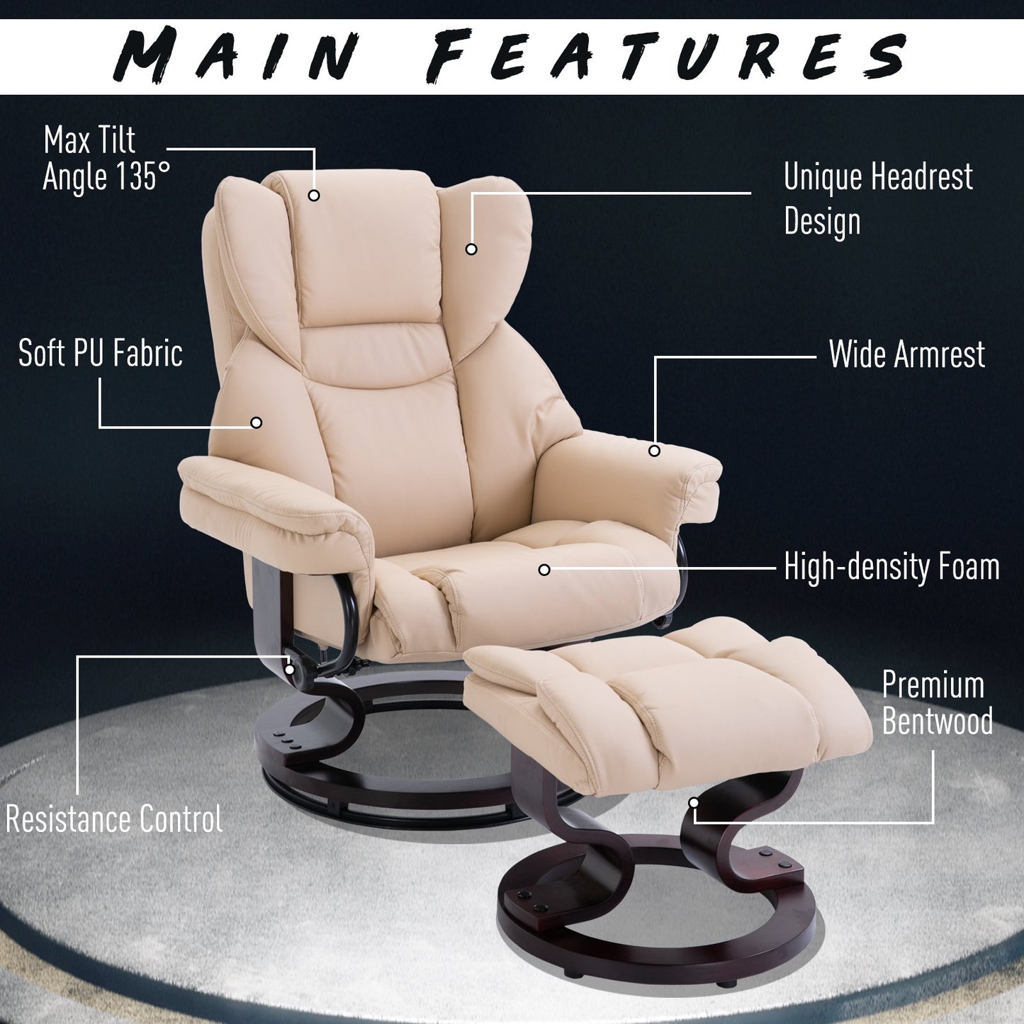 HOMCOM PU Leather Reclining Chair Manual Reclining Armchair with Footstool Beige