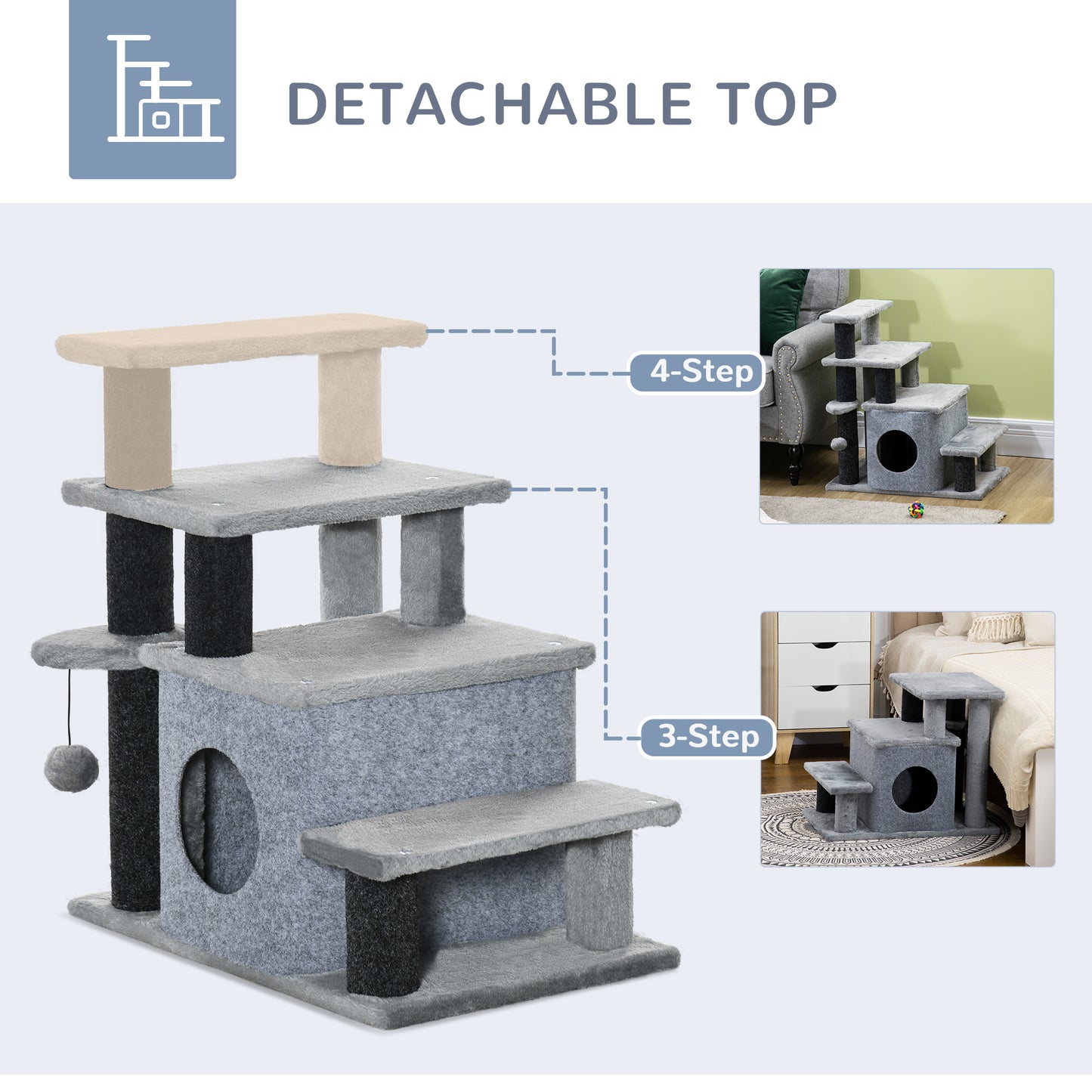 PawHut Adjustable Height Cat Stairs for Bed, Cat House with Detachable Cover, Grey