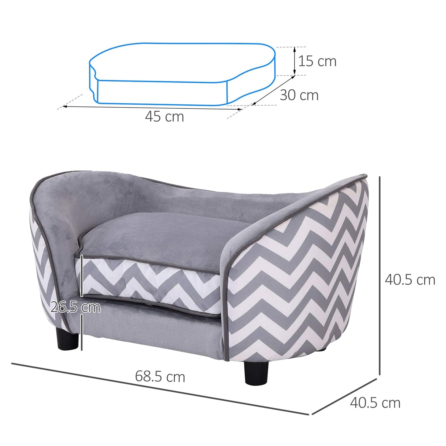 PawHut Dog Sofa Pet Couch for XS Dogs w/ Removable Sponge Padded Cushion Grey