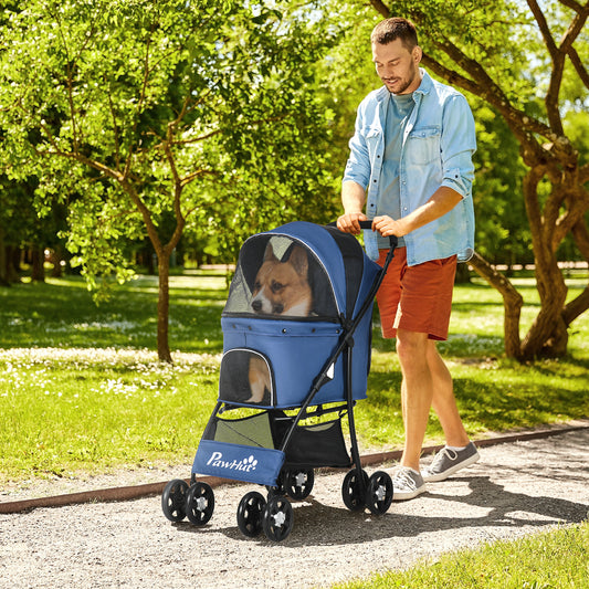 PawHut Pet Stroller, Dog Cat Travel Carriage, Foldable Carrying Bag with Large Carriage, Universal Wheels, Brake Canopy, Basket, Storage Bag, Dark Blue