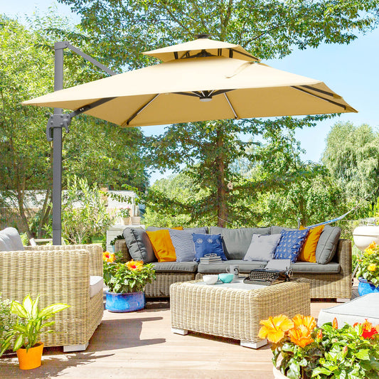 Outsunny 3m Cantilever Parasol, Outdoor Offset Patio Umbrella, Solar LED Lighted Hanging Sun Shade Canopy with Tilt and Crank Handle, Cross Base for Lawn, Beach and Poolside, Khaki w/