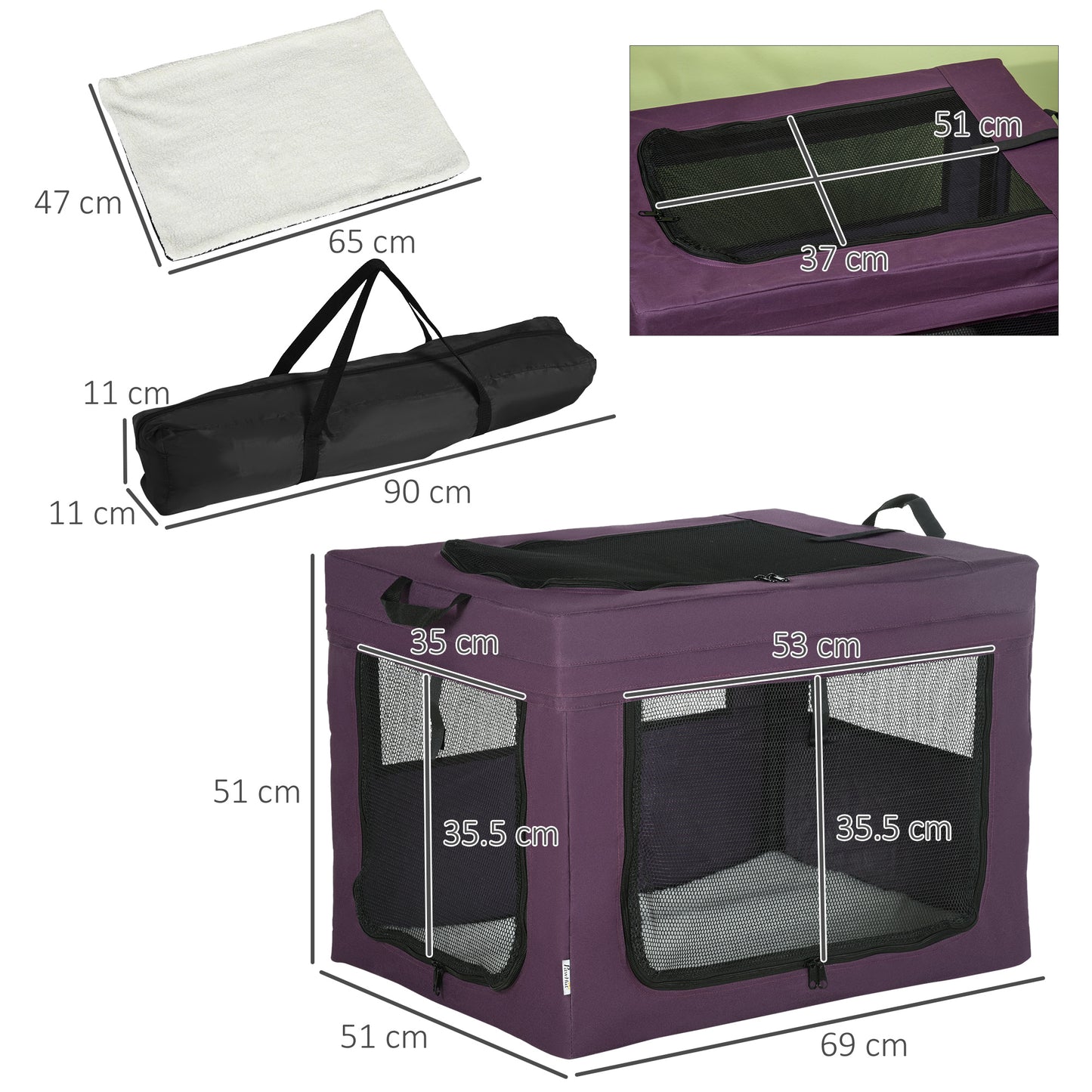 PawHut Pet Carrier, Portable Cat Carrier, Foldable Dog Bag for Miniature and Small Dogs, 69 x 51 x 51 cm, Purple