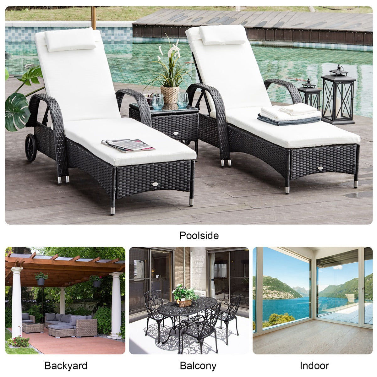 Outsunny 2 Seater Rattan Sun Lounger Set with Side Table Black