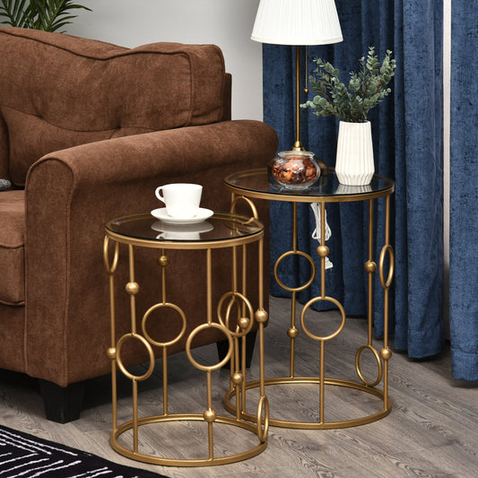 HOMCOM Round Coffee Tables Set of 2, Gold Nesting Side End Tables W/ Tempered Glass Top