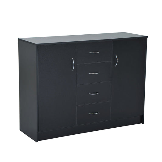 HOMCOM 2 Door 4 Drawer Cabinet Storage Unit Free Standing Cupboard Chest Organizer Solid Wood (Black)