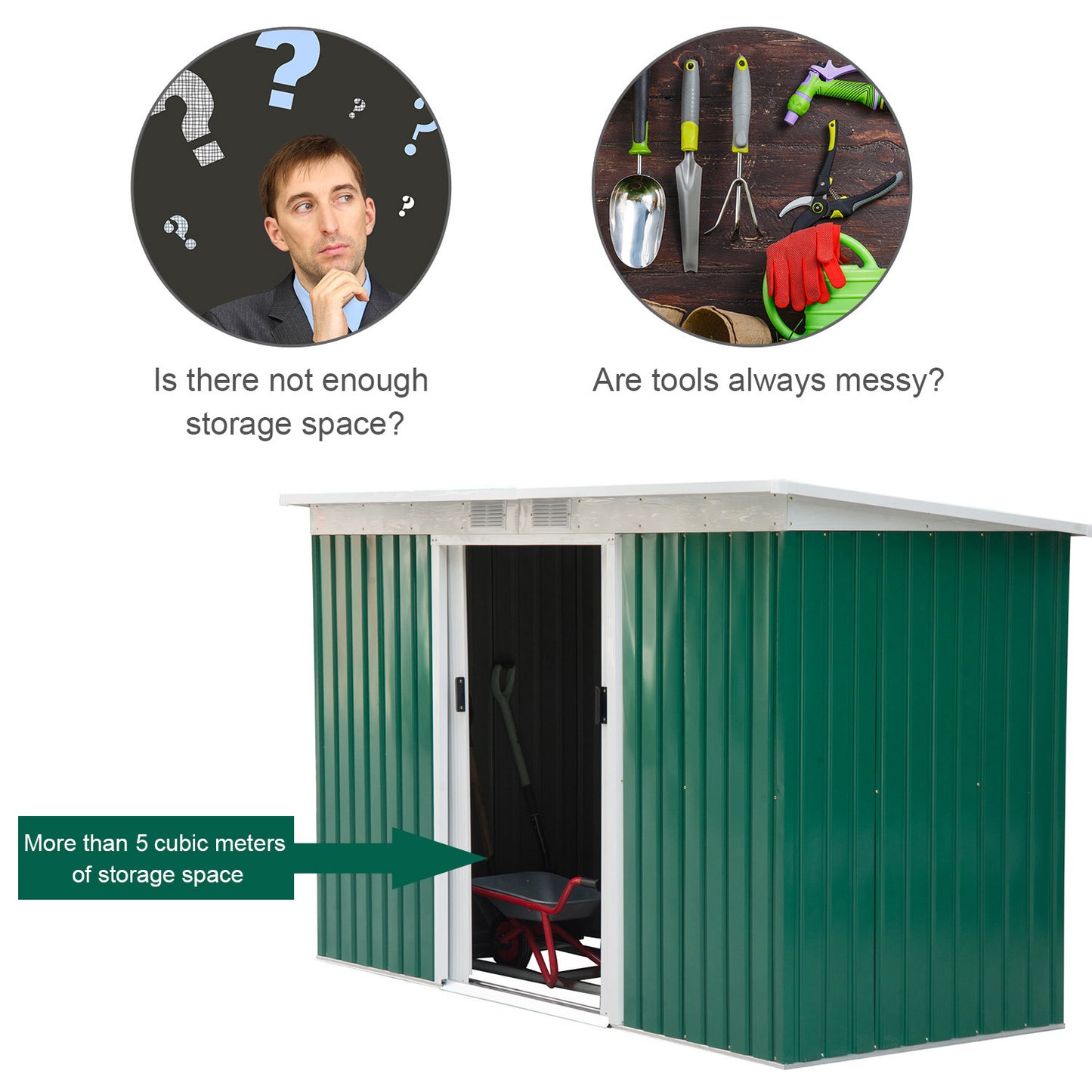 Outsunny 4.2 x 9ft Corrugated Steel Garden Shed & Foundation - Green