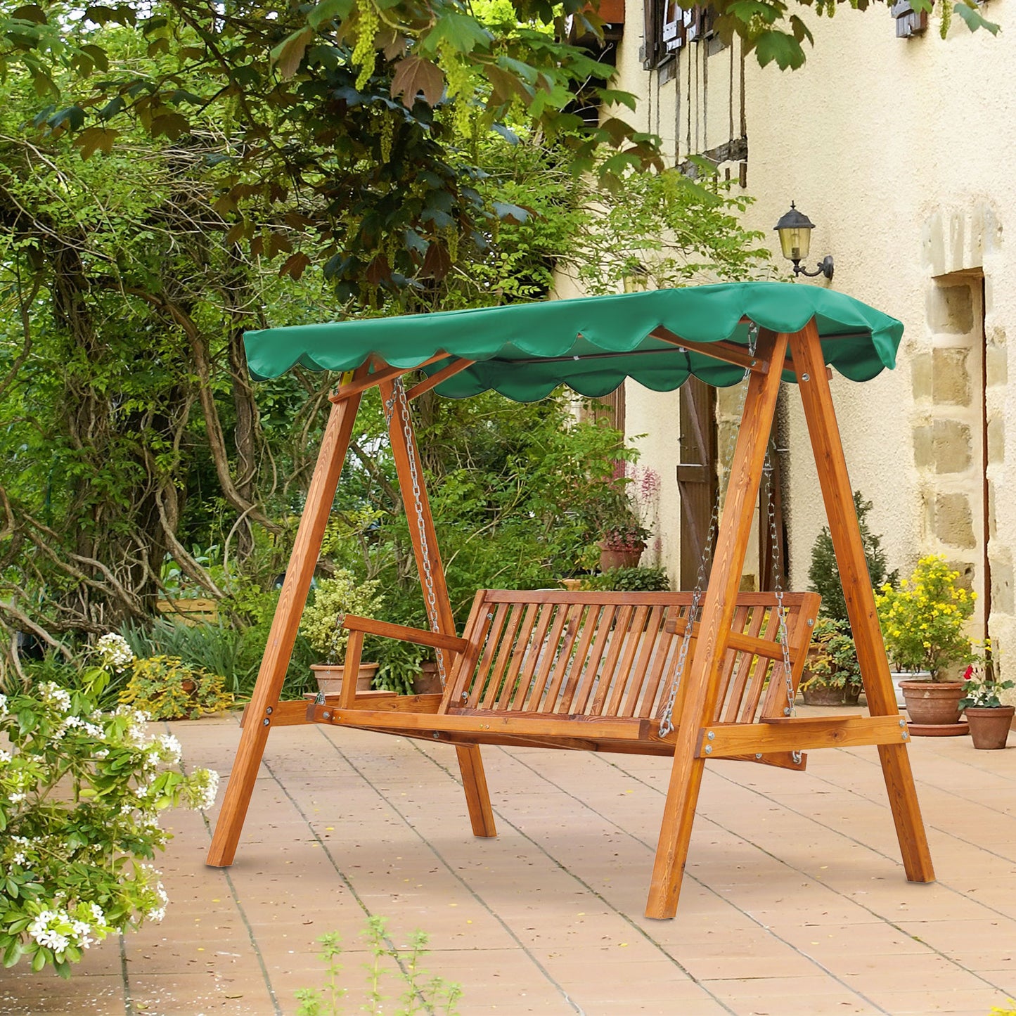 Outsunny Hardwood Swing Seat 3-Seater Pinewood Swing Chair Green Wooden Wood Garden Chair Seat Hammock Bench Furniture Lounger Bed