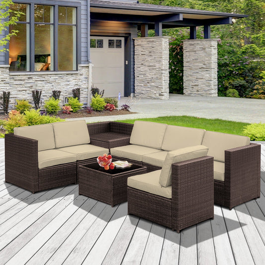 Outsunny 8 Pcs Rattan Sofa Furniture Set W/Cushions, Steel Frame-Brown