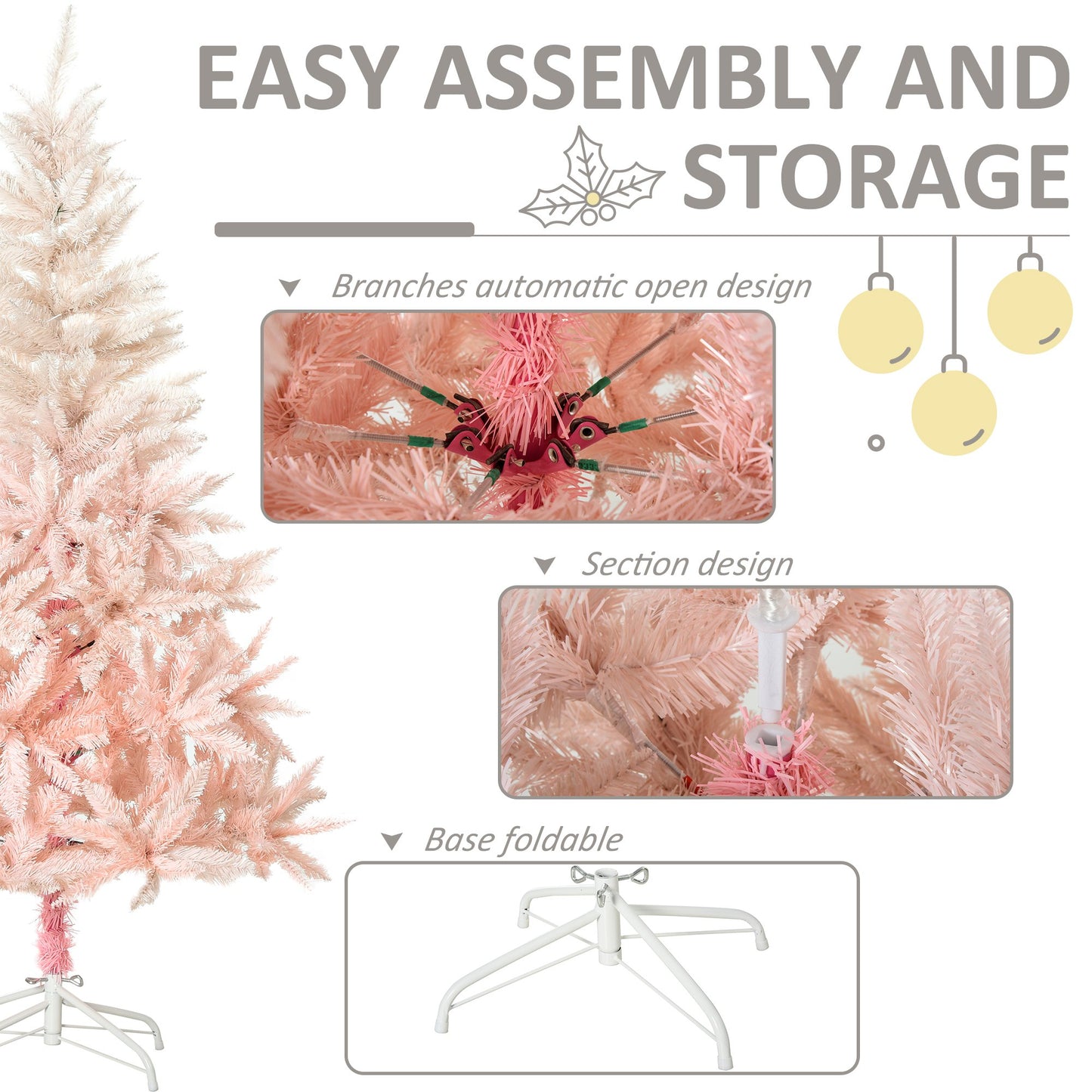 HOMCOM 180cm Realistic Design Faux Christmas Tree w/ Metal Stand and Quick Setup, Pink