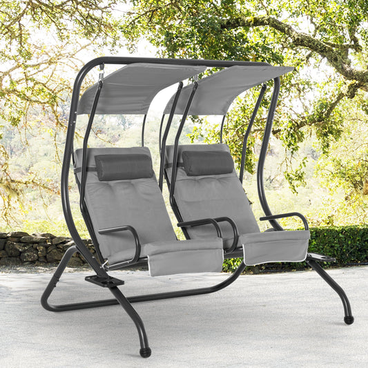 Outsunny Canopy Swing 2 Separate Relax Chairs w/ Handrails and Removable Canopy Grey