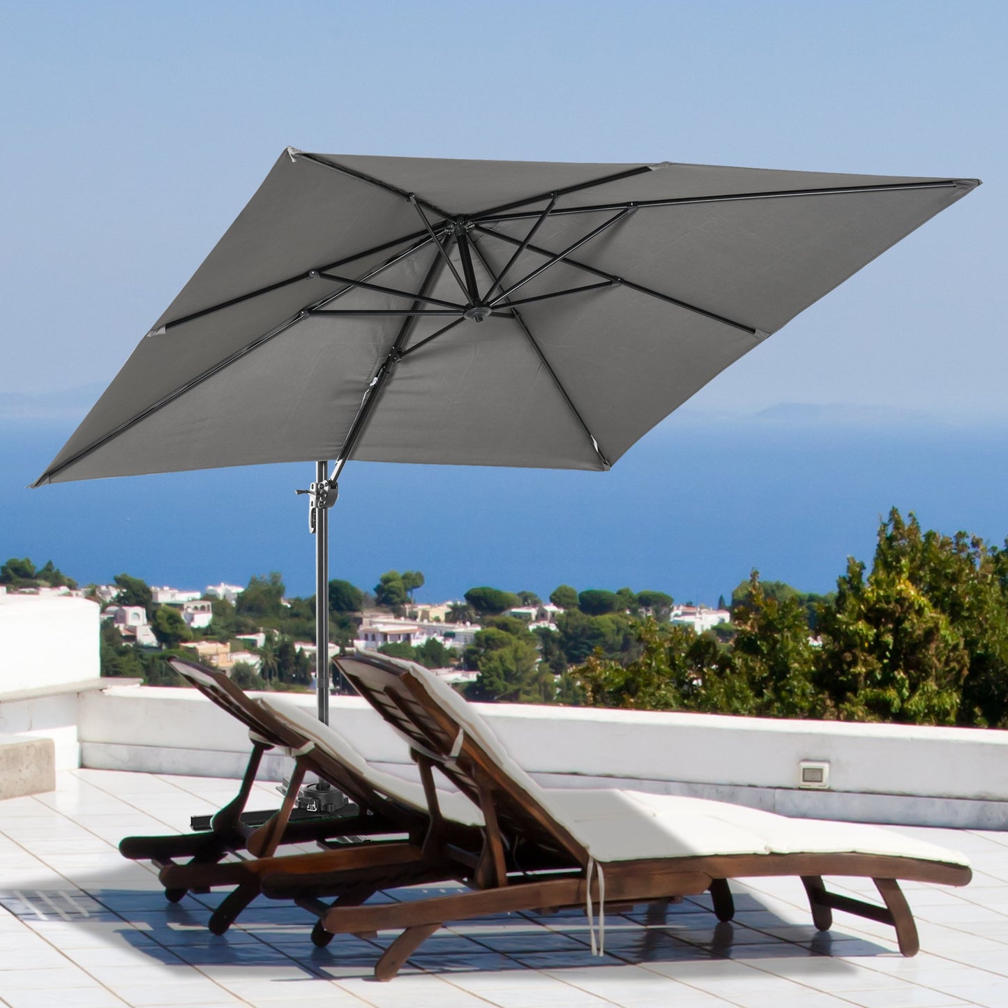 Outsunny 2.7m Outdoor Cantilever Roma Parasol 360° Rotating w/ Cross Base Dark Grey