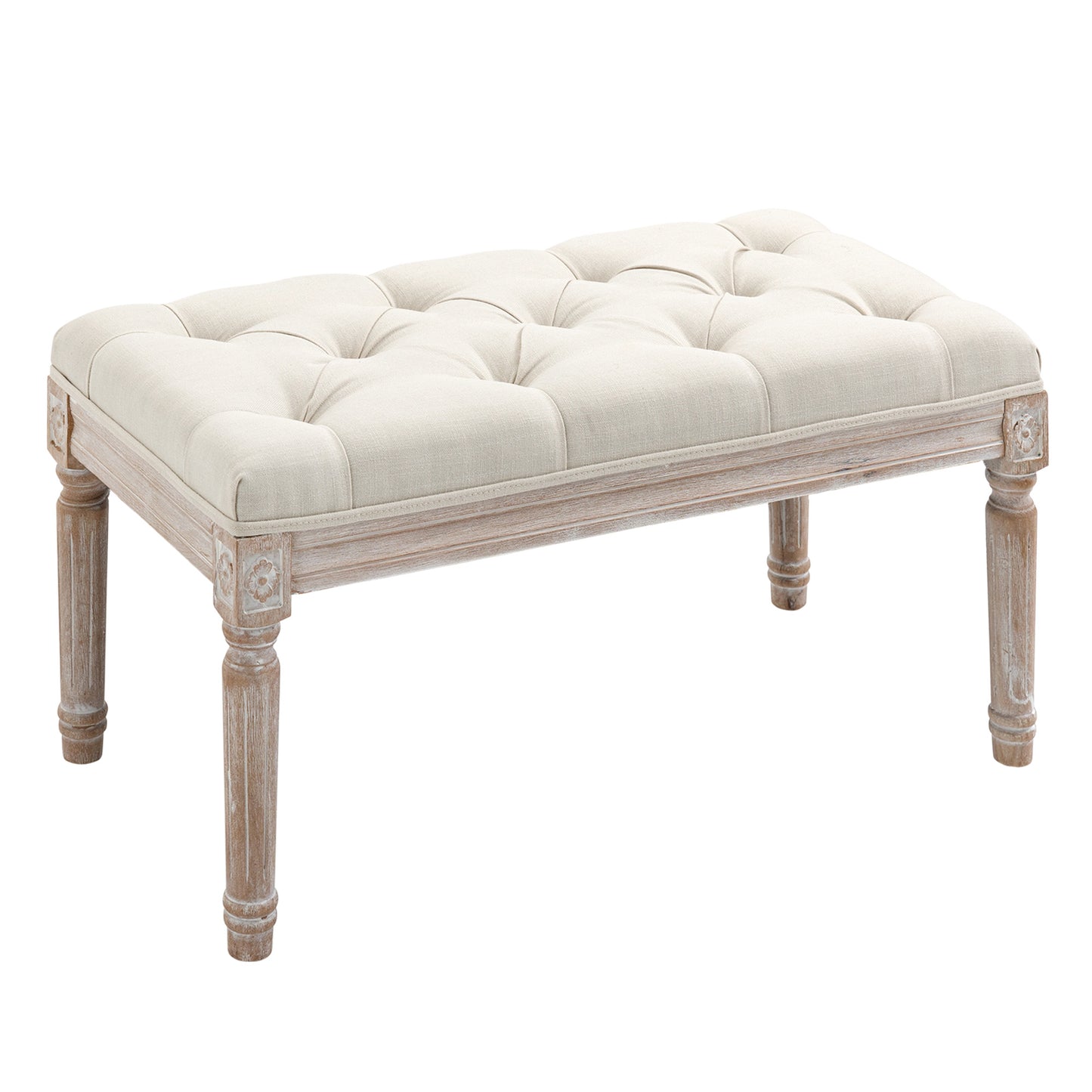 HOMCOM Accent Bench Tufted Upholstered Foot Stool Linen-Touch Fabric Ottoman Beige