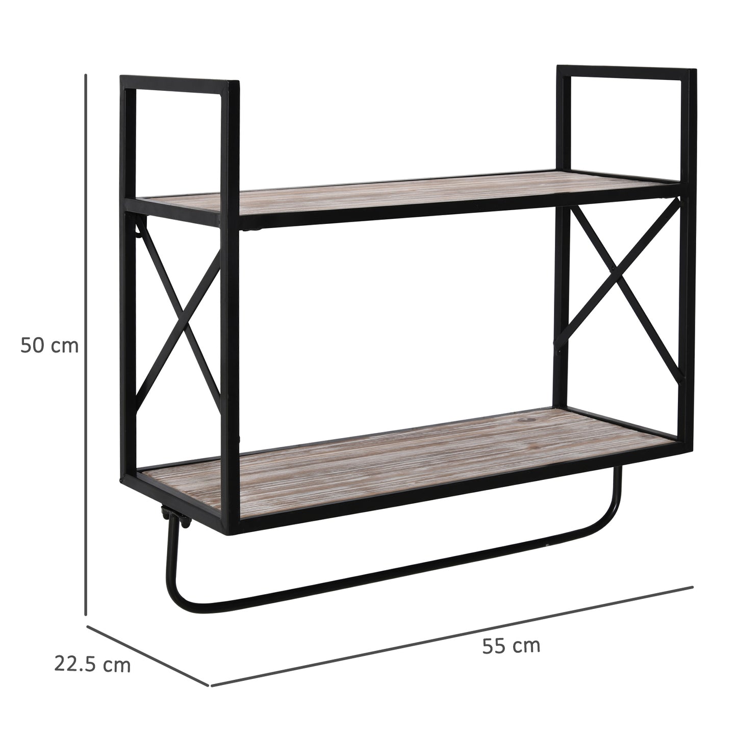 HOMCOM 2-Tier Wall Shelf Metal Frame Wood Shelves Bottom Rail Storage Rack Home Natural