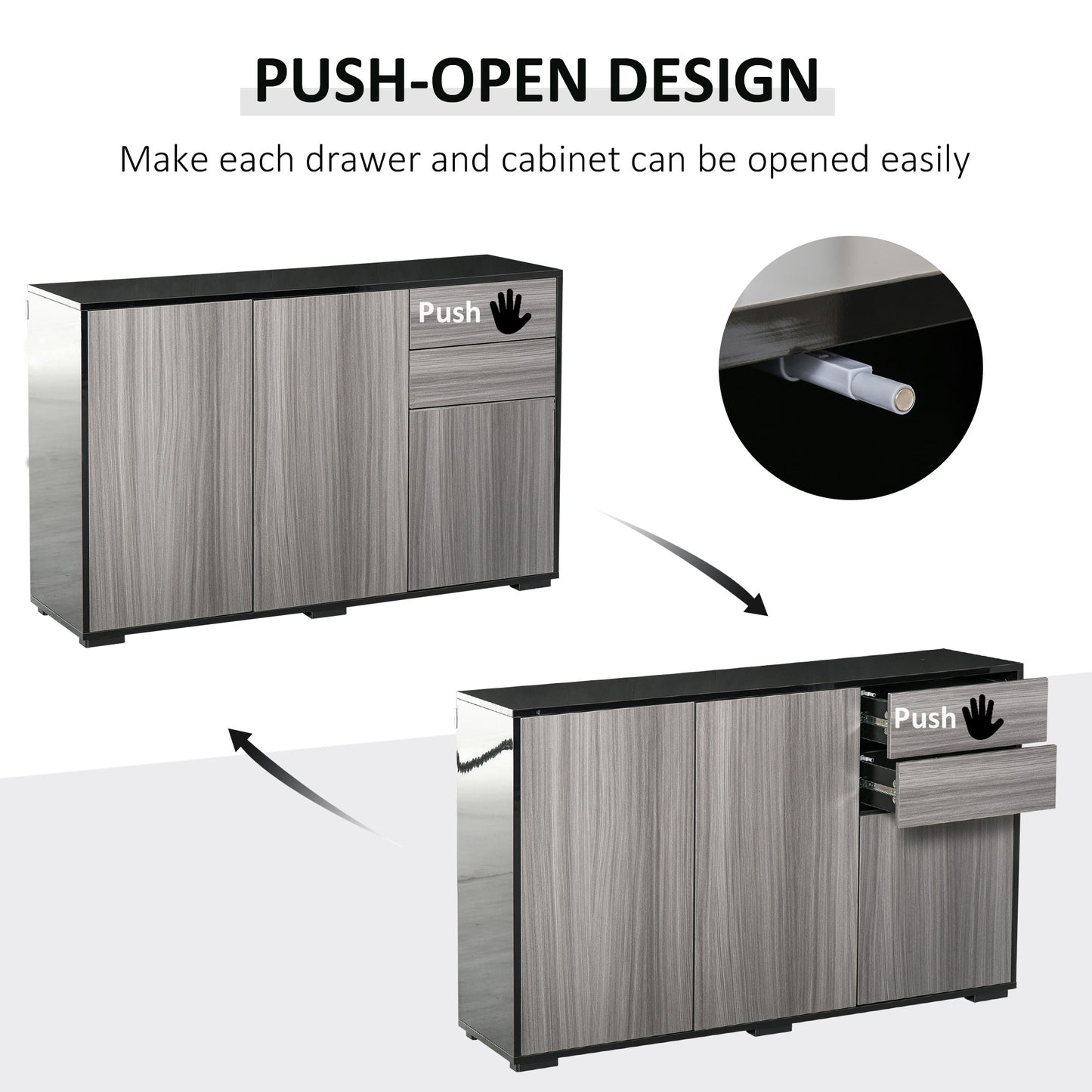 HOMCOM Push-Open Cabinet with 2 Drawer 2 Door Cabinet for Home Office Black Grey Oak
