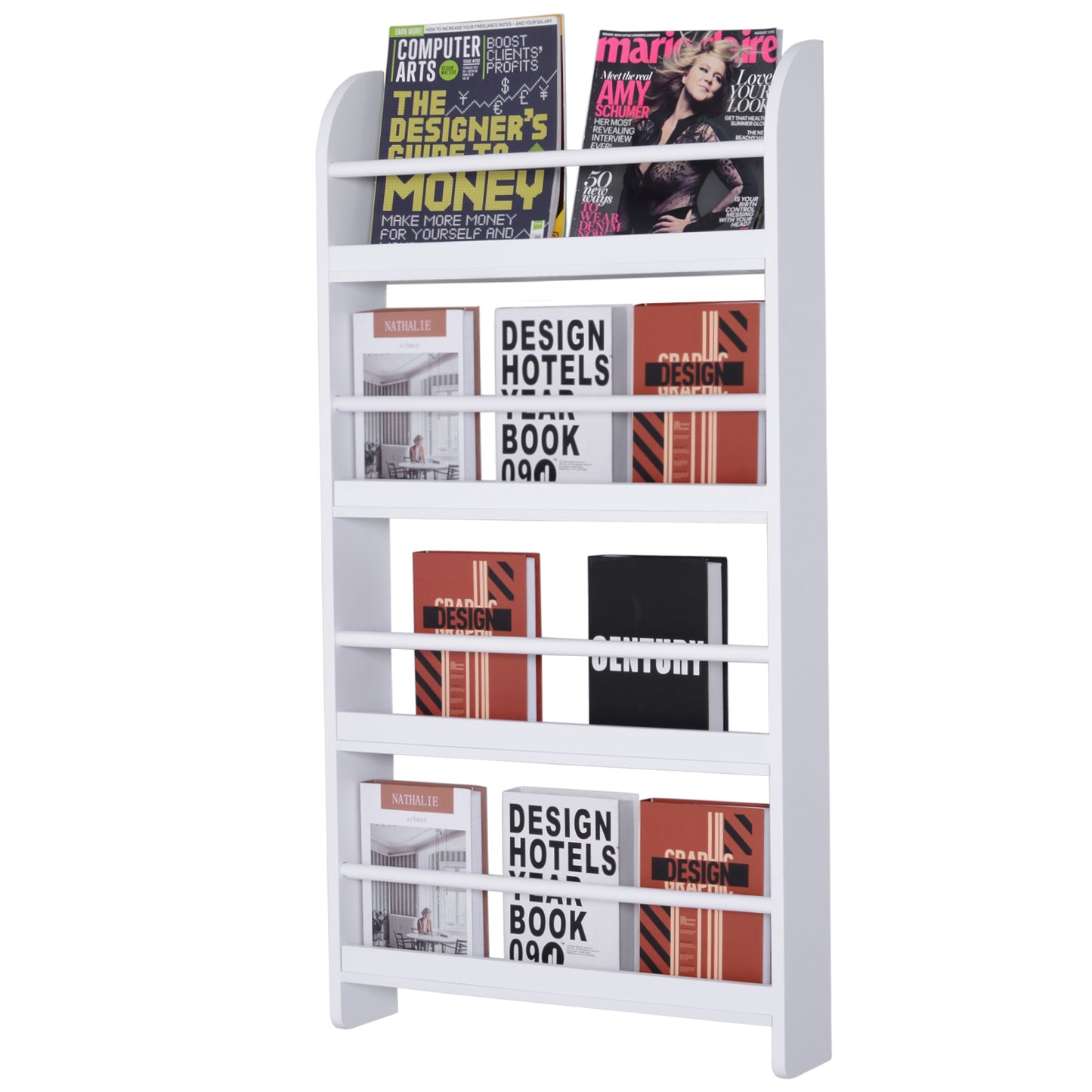 HOMCOM MDF White Wall Mounted Bookcase Freestanding 4-Tier Shelf Rack