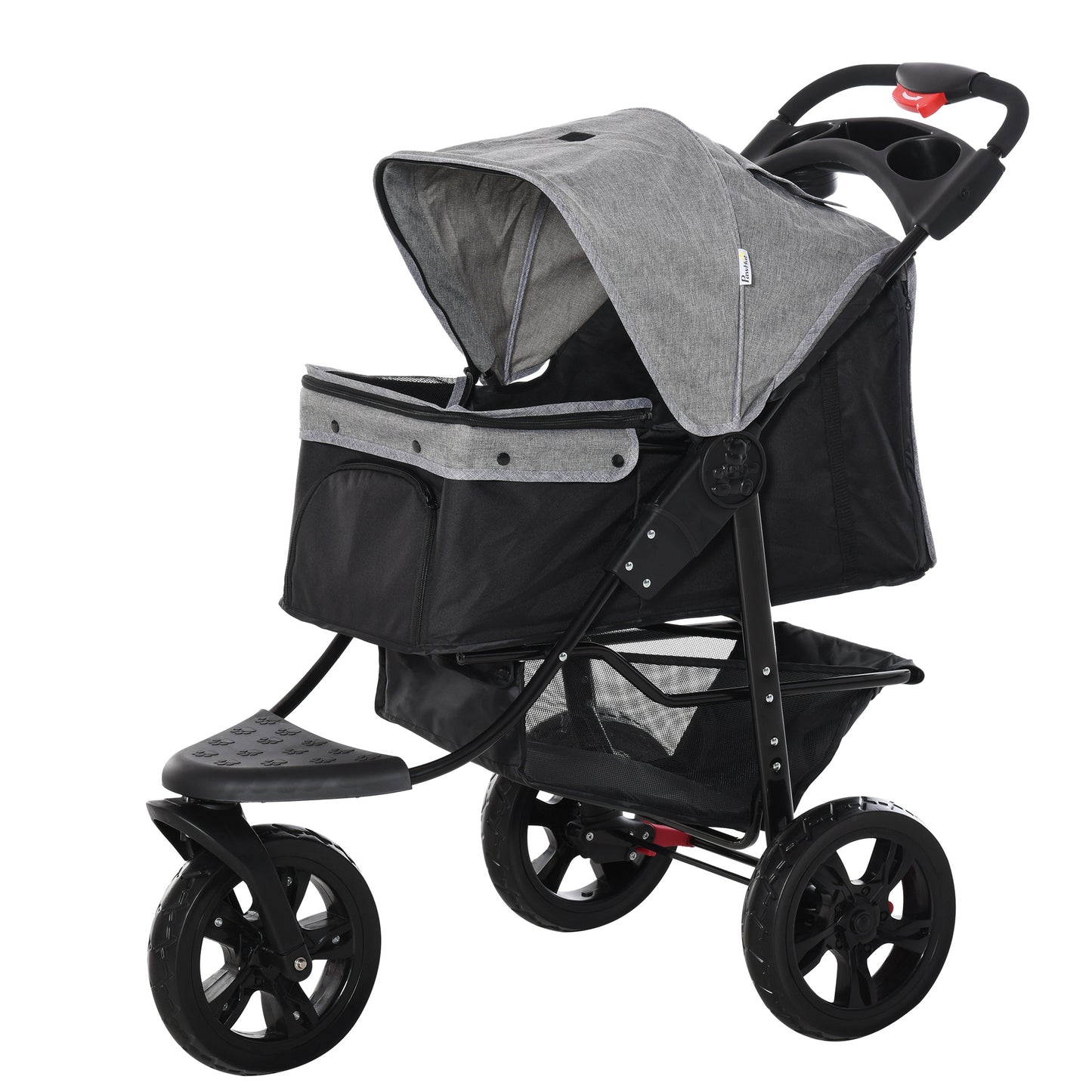 PawHut Folding 3 Wheel Pet Stroller Travel w/ Adjustable Canopy Storage Brake Grey