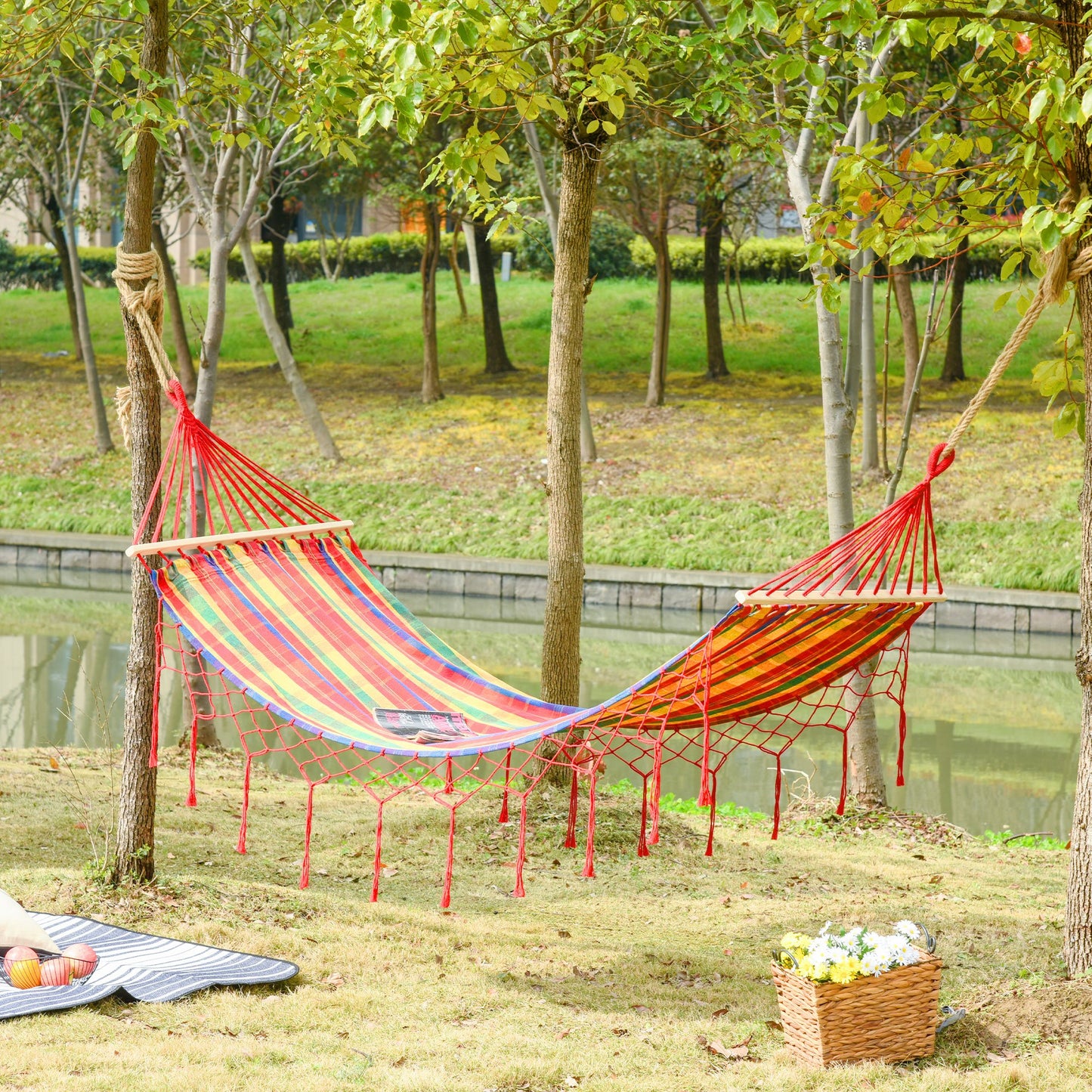 Outsunny 290 x 100cm Cotton Hammock Bed Outdoor & Indoor Use 150kg Rainbow Stripe