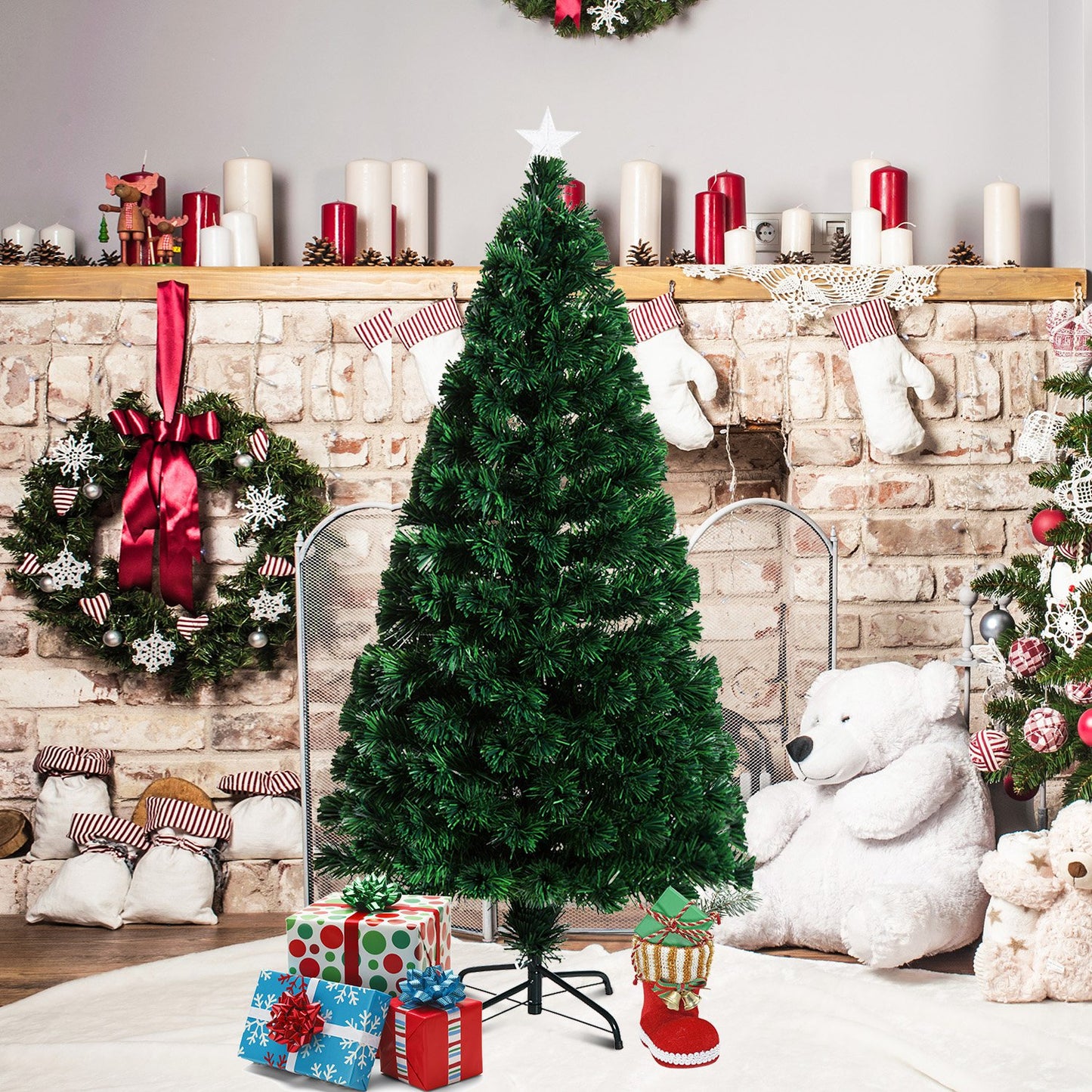 HOMCOM 1.5m Pre-Lit Artificial Christmas Tree, Metal Stand-Green