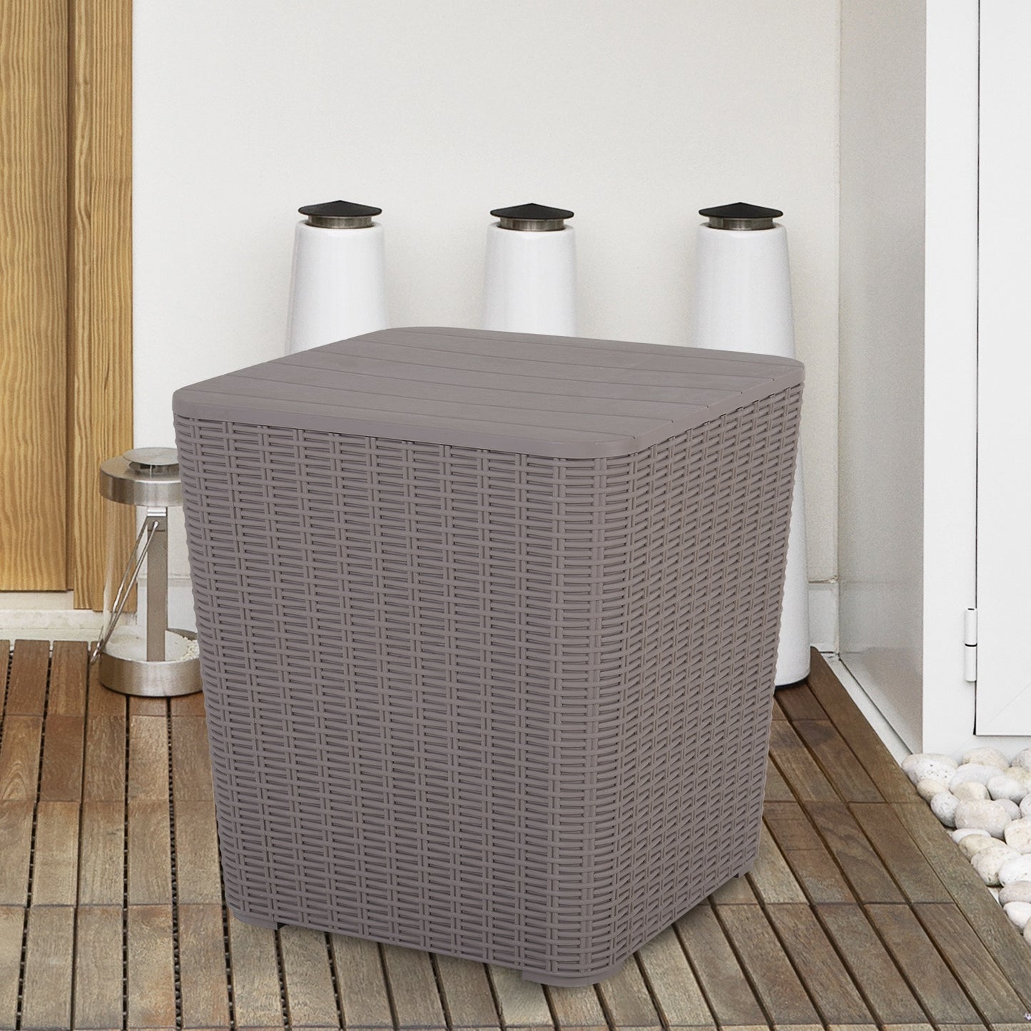 Outsunny 50L Outdoor Rattan-Effect Lift-Top Bar Tea Table Grey