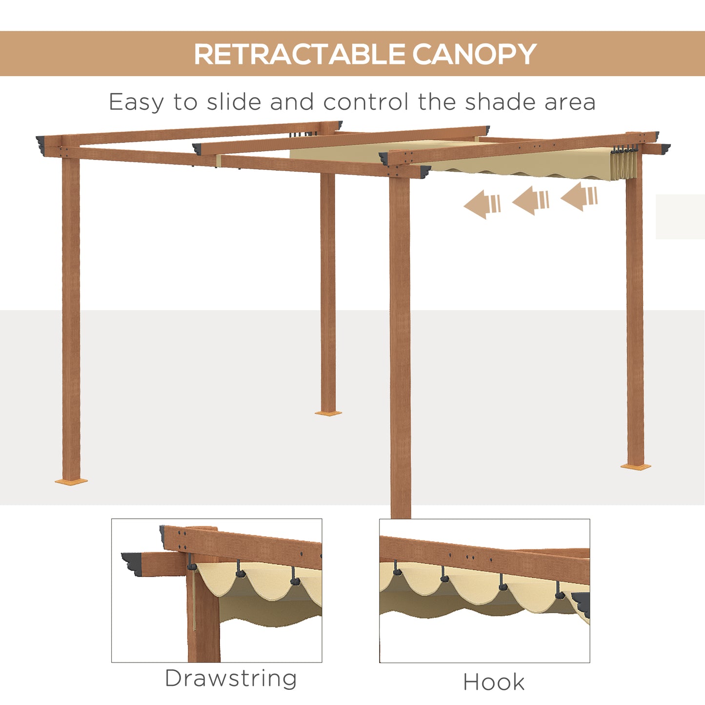 Outsunny 3 x 3 m Outdoor Pergola Canopy Patio Gazebo Sun Shelter with Retractable Roof Aluminium Frame for Garden, Khaki