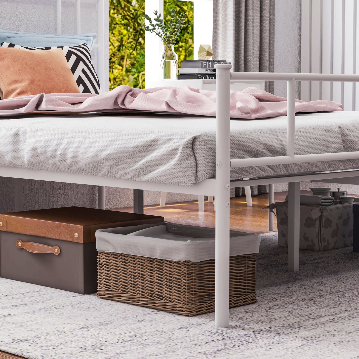 HOMCOM Double Metal Bed Frame Solid Bedstead Base with Headboard and Footboard, Metal Slat Support and Underbed Storage Space, Bedroom Furniture