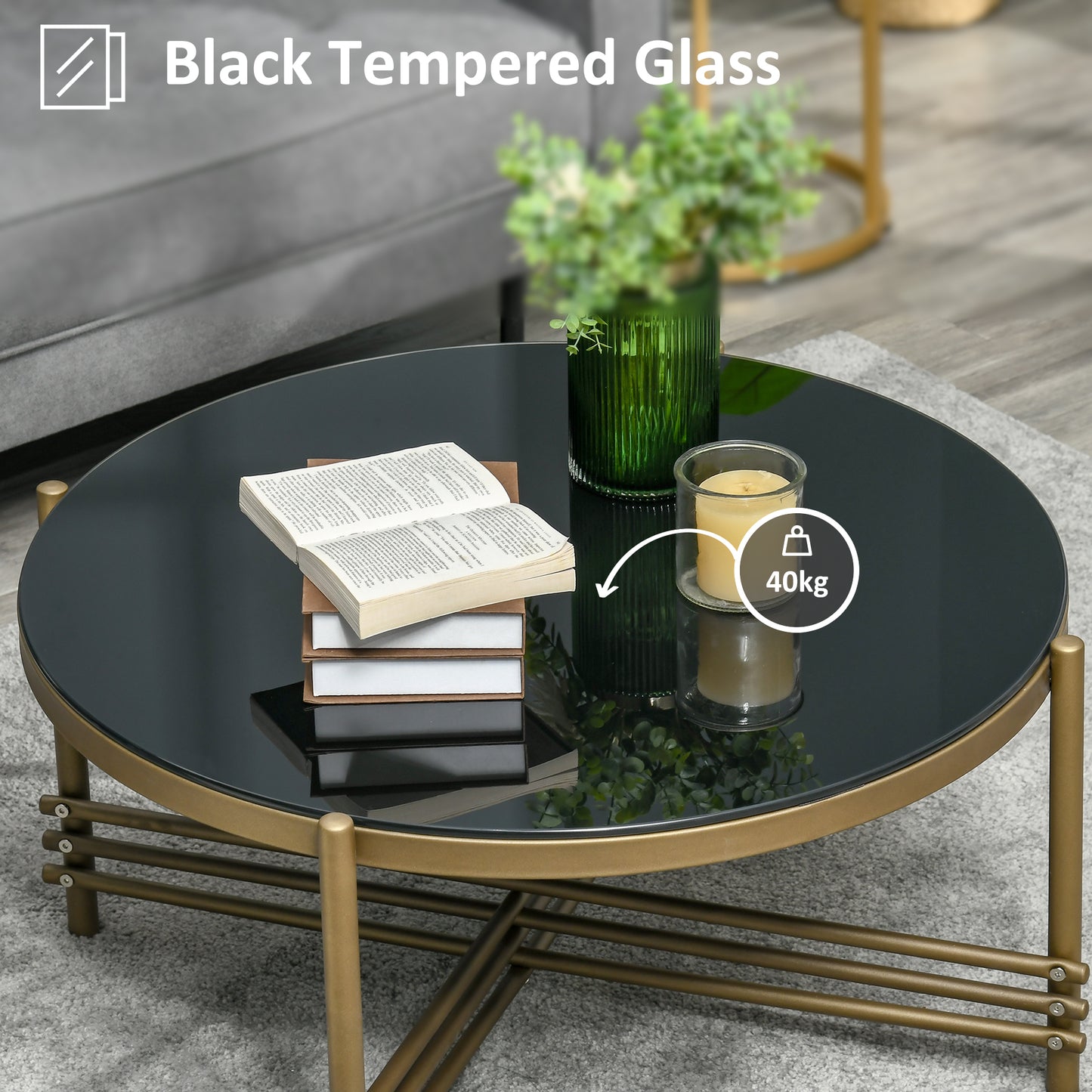 HOMCOM Round Coffee Table with Tempered Glass Top and Golden Metal Legs, Accent Cocktail Table for Living Room