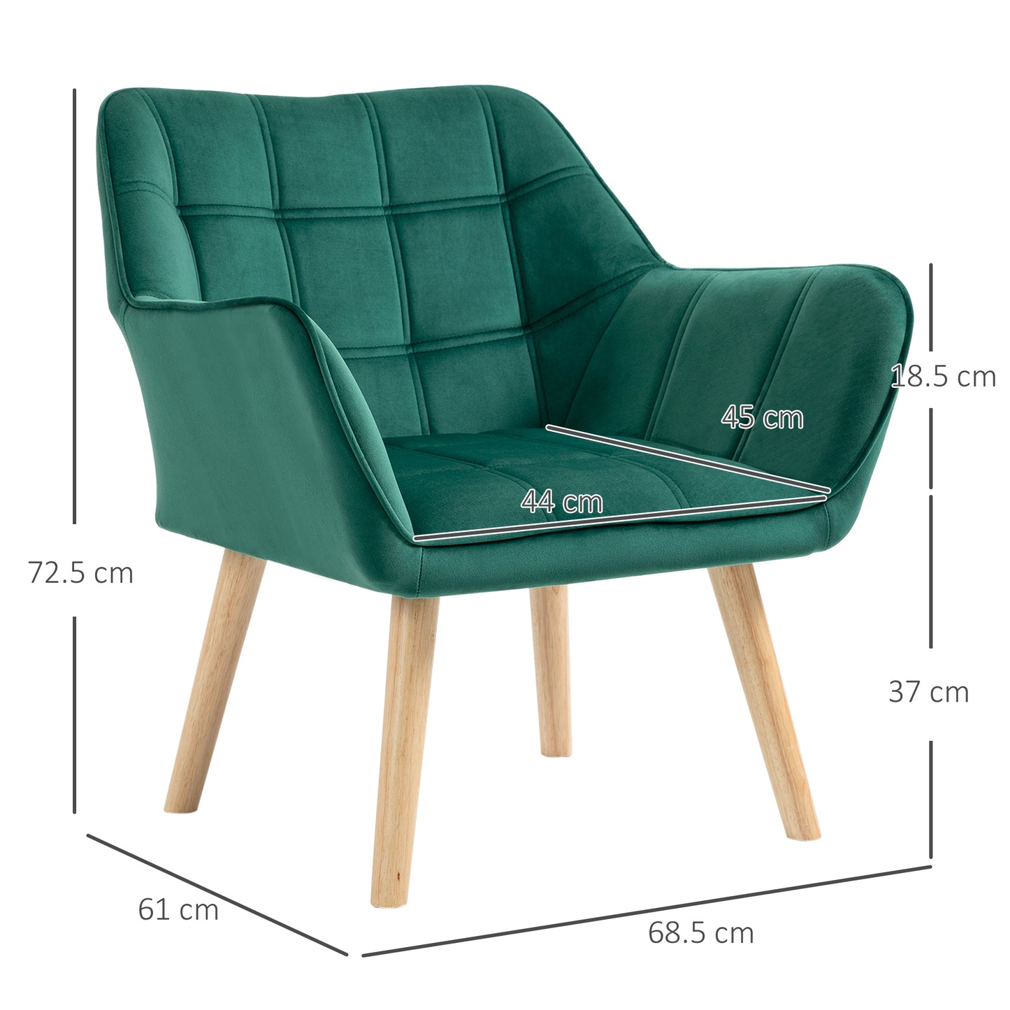 HOMCOM Accent Chair, Arm Chair with Wide Arms, Slanted Back, Thick Padding and Rubber Wooden Legs for Living Room, Green