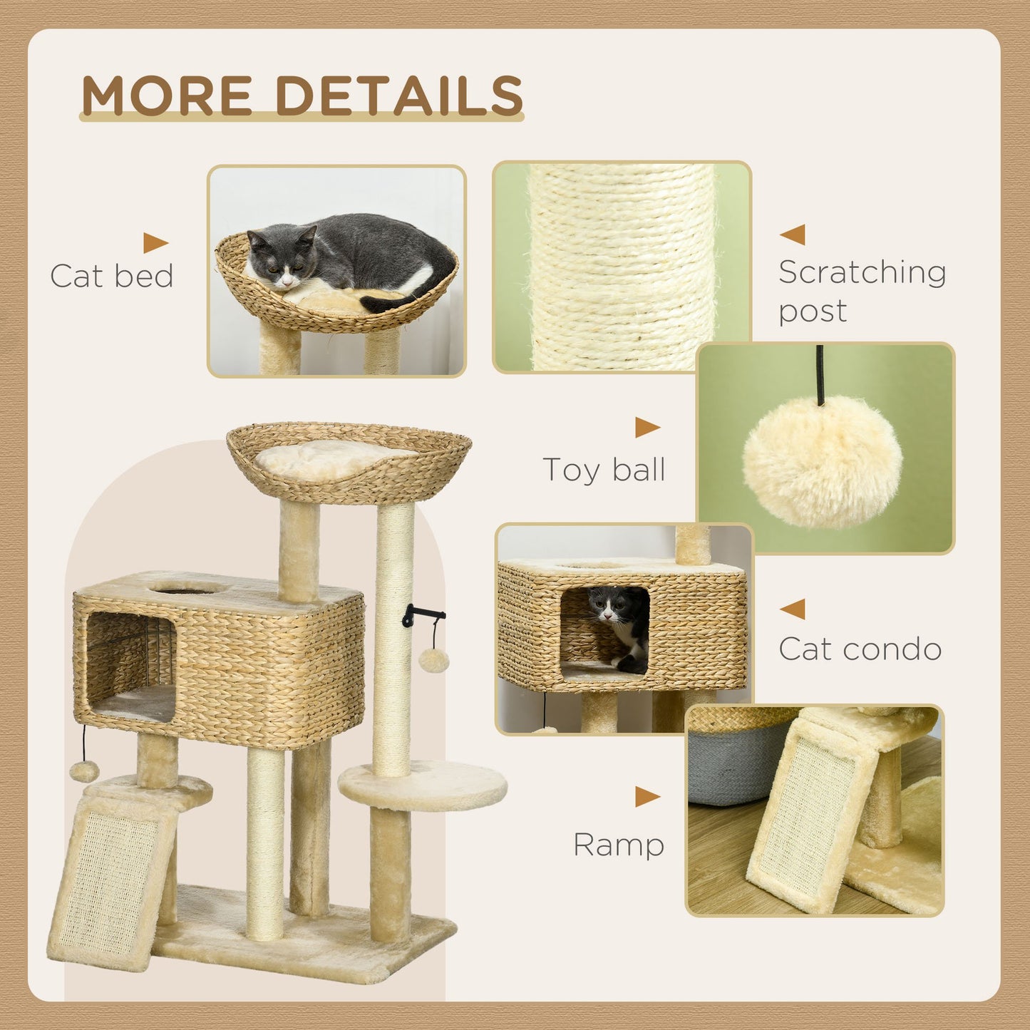 PawHut 95cm Cat Tree Tower for Indoor Cats with Scratching Post Cat House Toy Ball Platform Beige