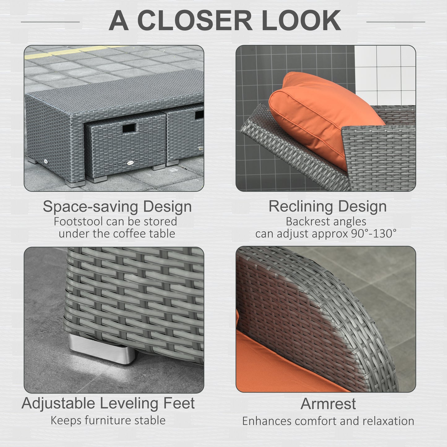 Outsunny 6pc Outdoor Rattan Wicker Furniture Set with 3-Seat Sofa, 2 Single Sofas, 2 Footstools and Coffee Table