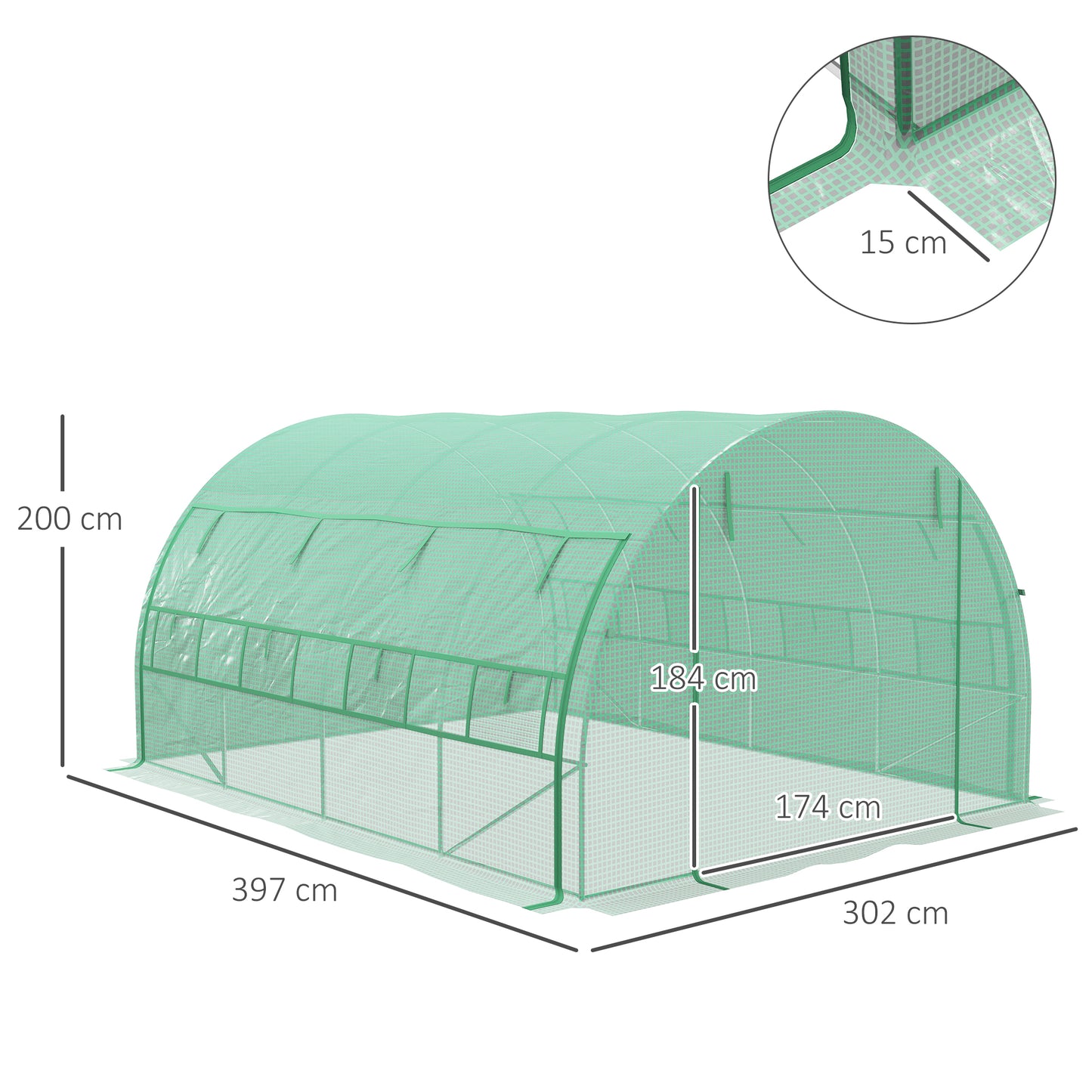 Outsunny Polytunnel Greenhouse Walkin Grow House Tent with Rollup Sidewalls Zipped Door and 8 Windows 4x3x2m Green