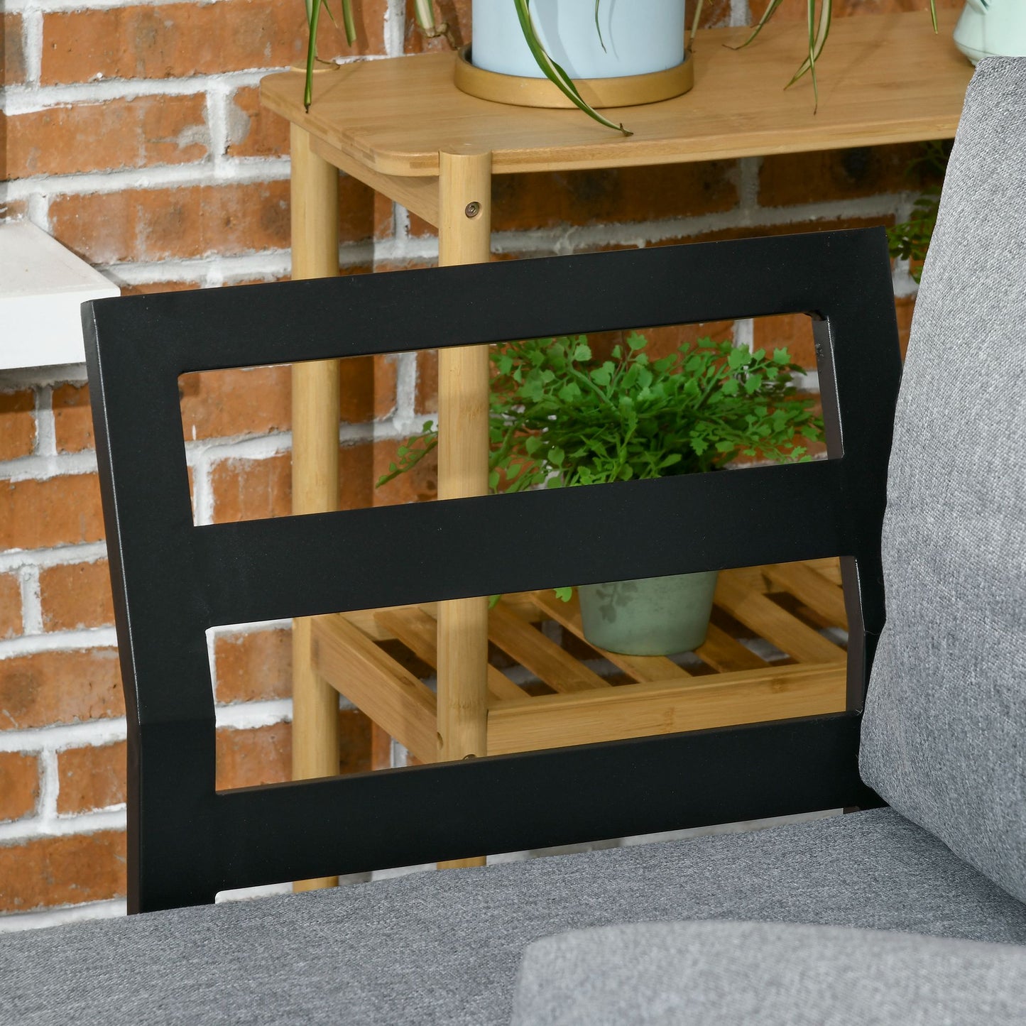 Outsunny 3 Pieces Patio Furniture Set, Outdoor Garden Sofa Conversation Set w/ Padded Cushions, Wood Grain Plastic Top Table and Side Panel, Dark Grey