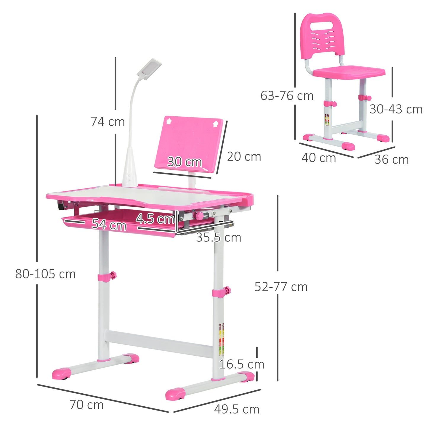 HOMCOM Kids Desk and Chair Set, Height Adjustable Study Desk with USB Lamp, Storage Drawer for Study, Pink and White