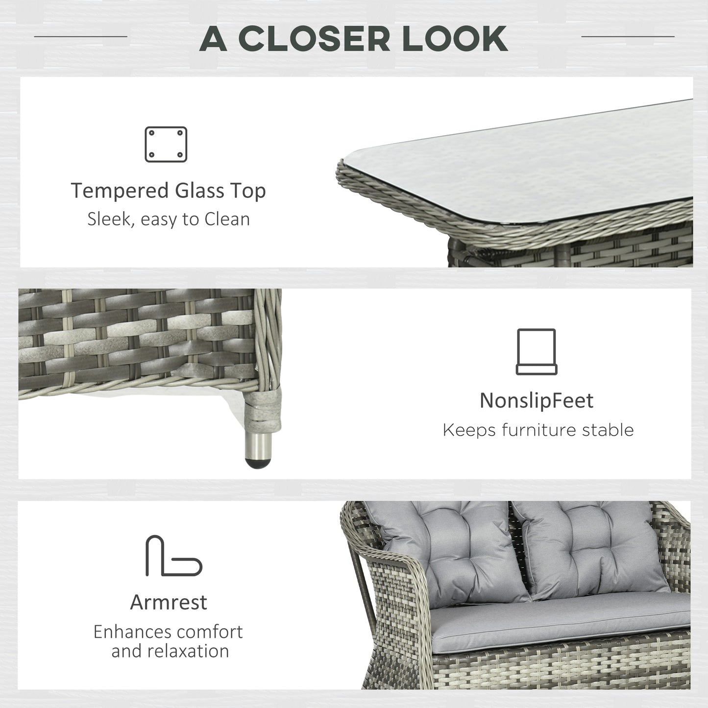 Outsunny 4-Seater PE Rattan Garden Furniture, Patio Round Wicker Woven Conversation Sofa Set w/ Padded Cushions and Glass Top Table, Grey