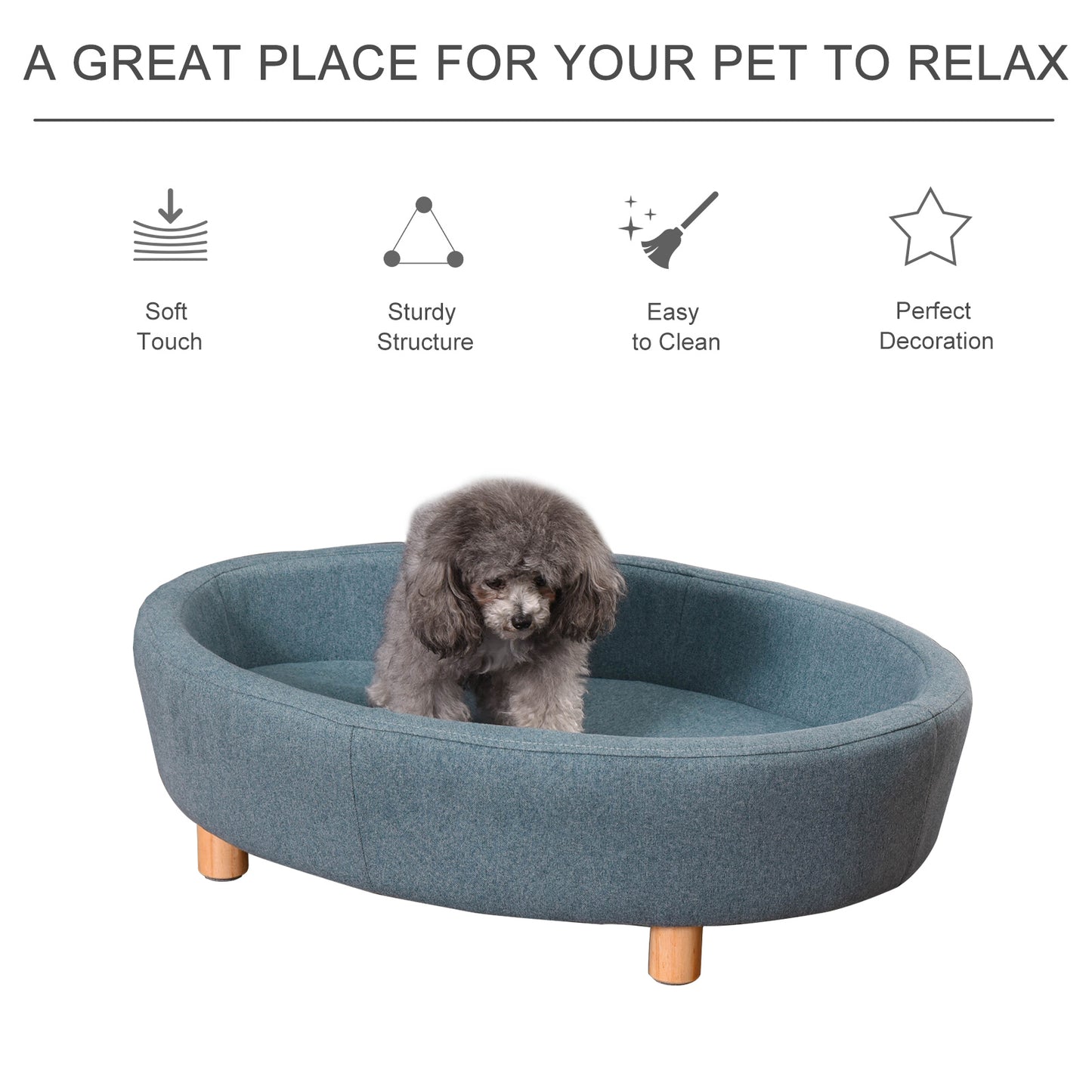 PawHut Pet Sofa Soft Couch Sponge Cushioned Bed Wooden legs, Light Blue