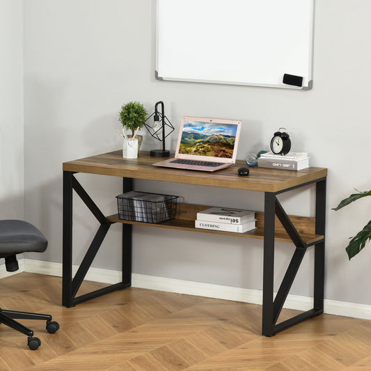 HOMCOM Workstation Computer Desk Table with Storage Shelf Steel Frame Black Brown