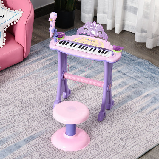 HOMCOM Mini Electronic Organ Piano W/Microphone and Stool-Purple/Pink