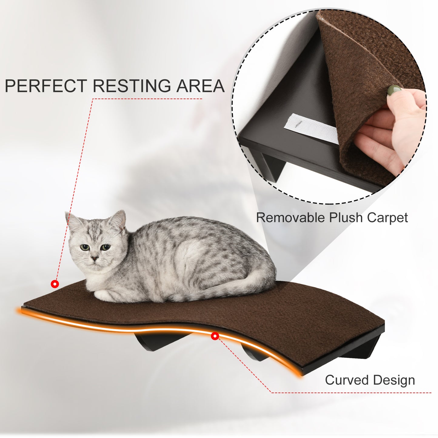 PawHut Wall Mounted Cat Shelf Perch Kitten Bed w/ Removable Carpet Accessories