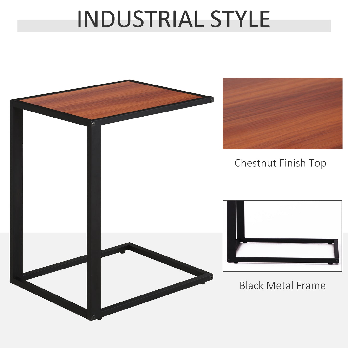 HOMCOM Metal Frame MDF Top C-Shaped Overbed Side Table Walnut