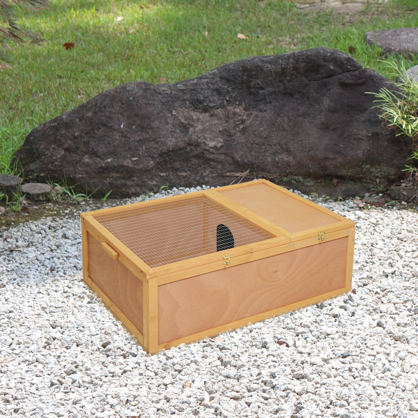 PawHut 94 cm Wood Indoor Outdoor Pet Tortoise House with Two Room Design, Natural