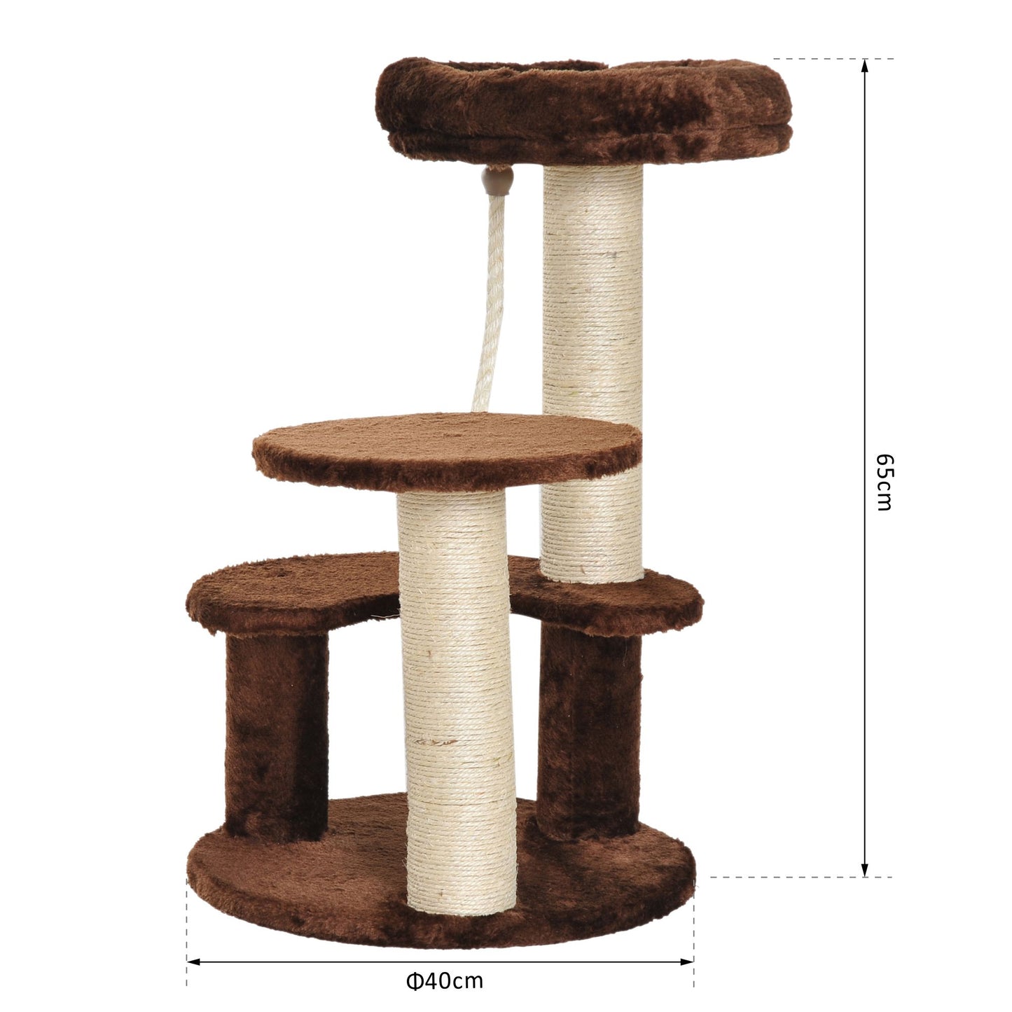 PawHut 65 cm Cat Tree for Indoor Cats Kitty Scratcher Kitten Activity Center Scratching Post Playhouse 2 Perch w/ Hanging Sisal Rope Brown