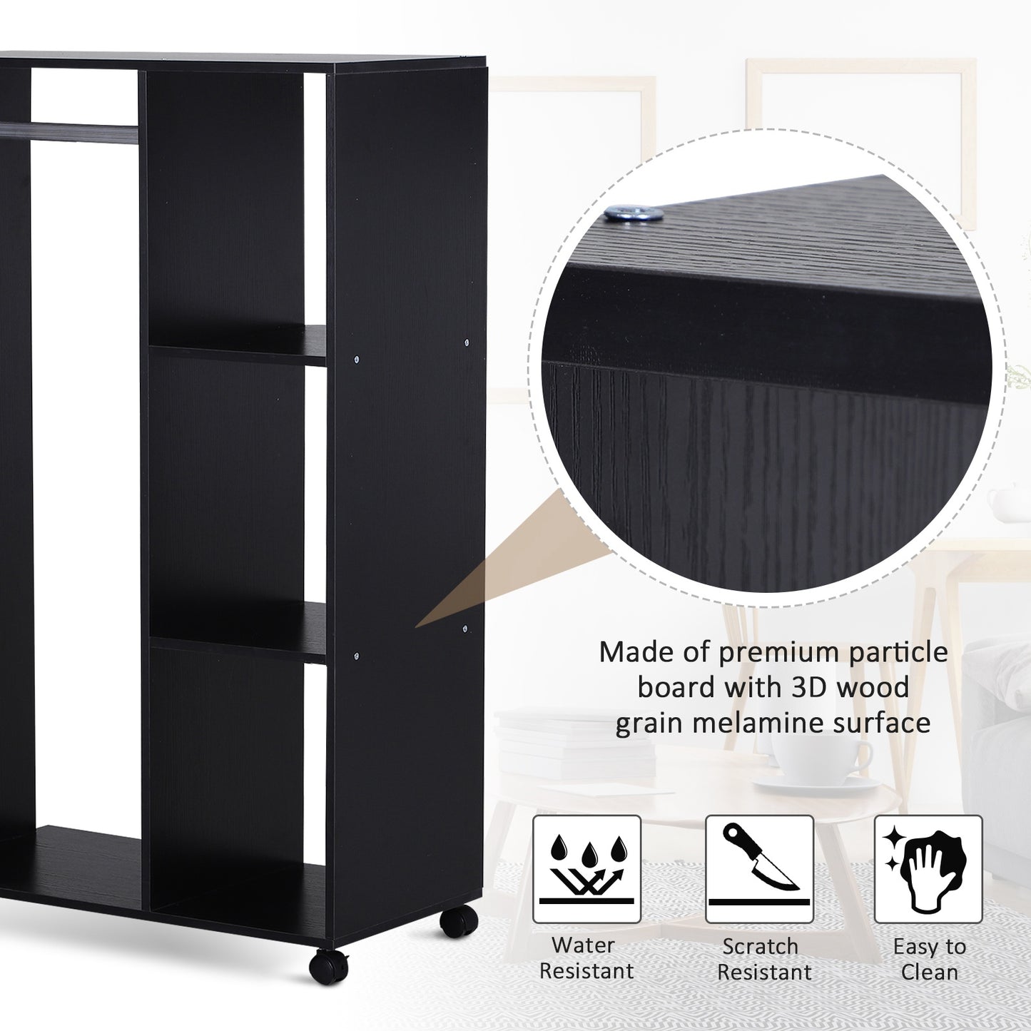 HOMCOM Particle Board Mobile Open Wardrobe on Wheels Black