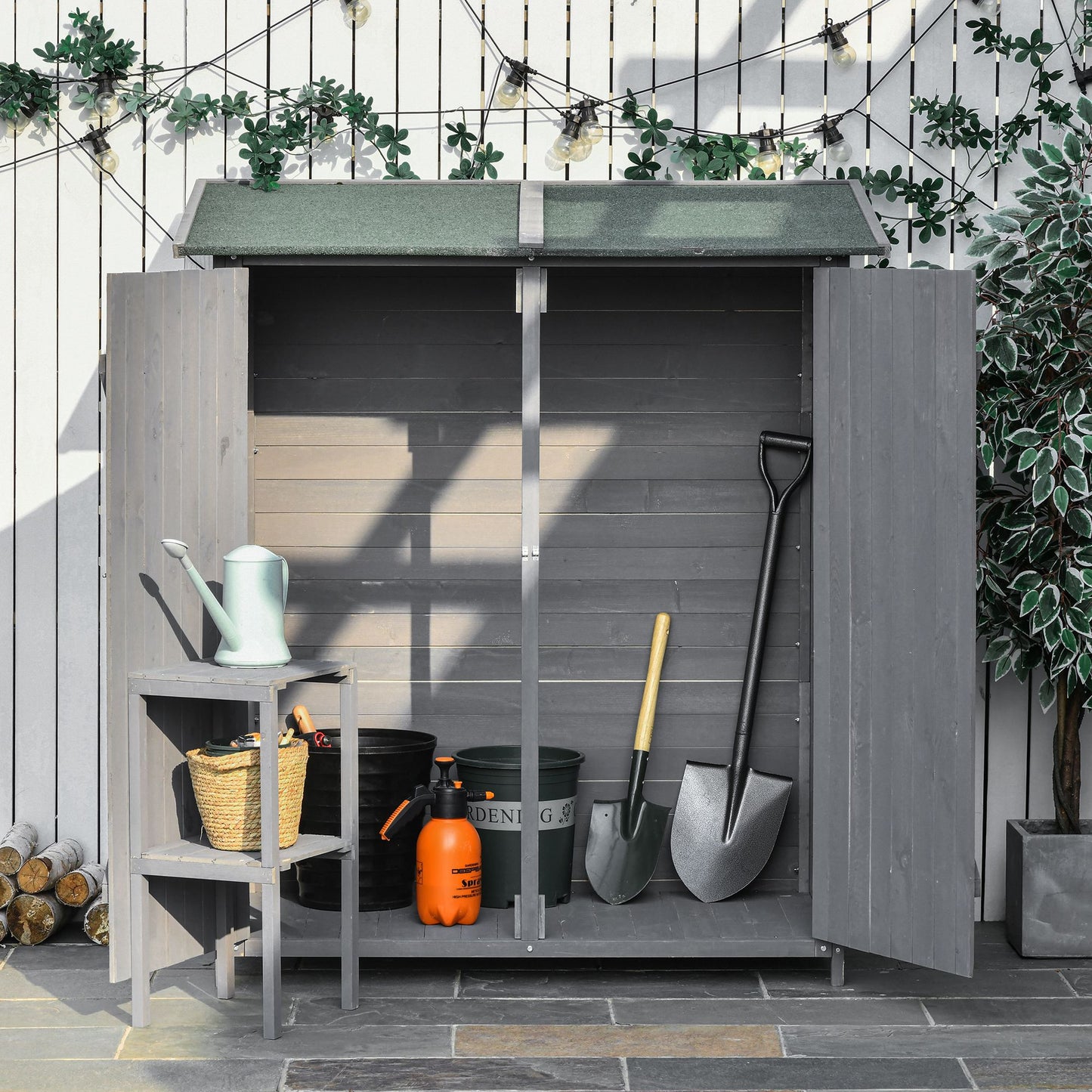 Outsunny Garden Wood Storage Shed w/ Storage Table, Asphalt Roof, Double Door, Grey