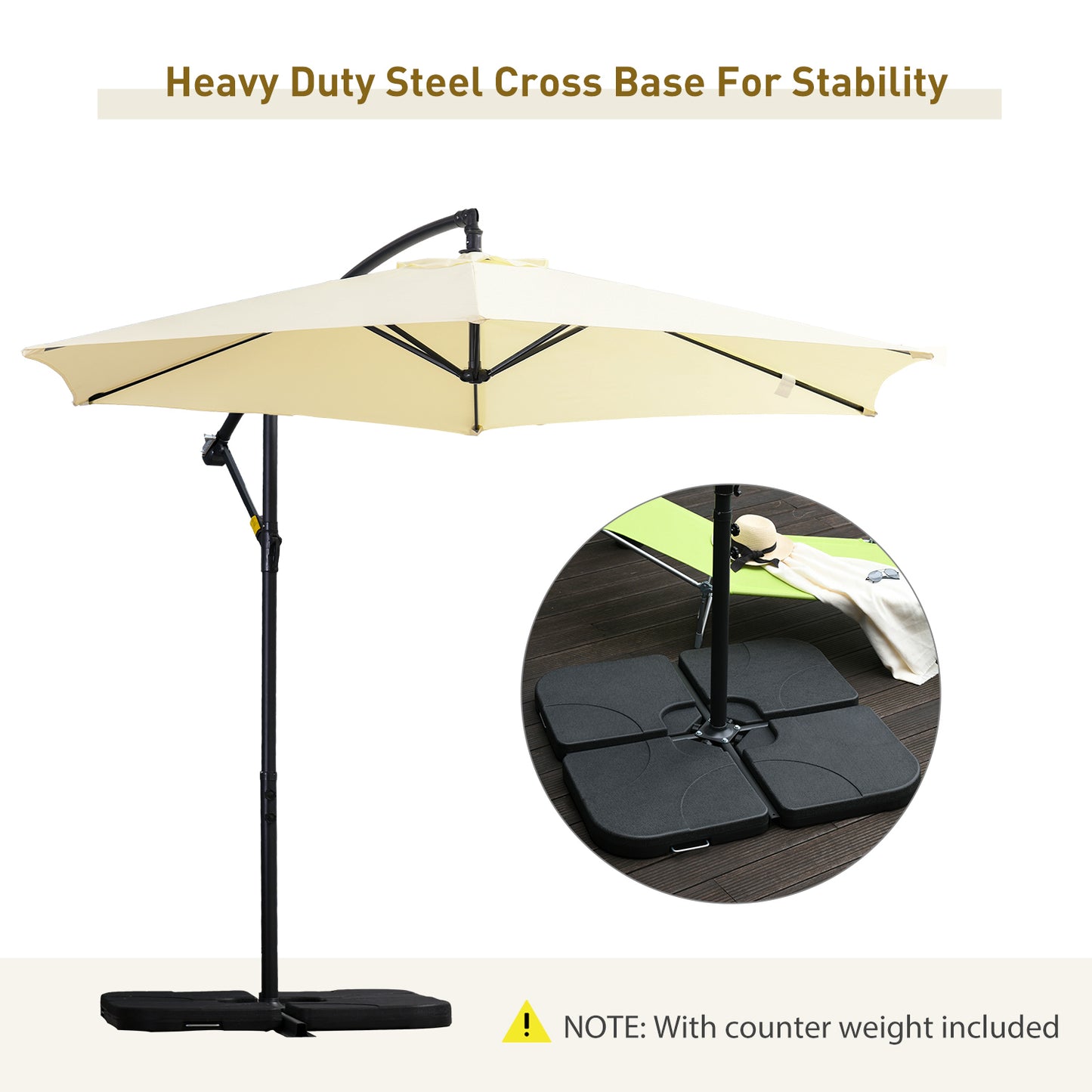 Outsunny 3(m) Garden Parasol Sun Shade Banana Umbrella Cantilever w/ Weight Beige