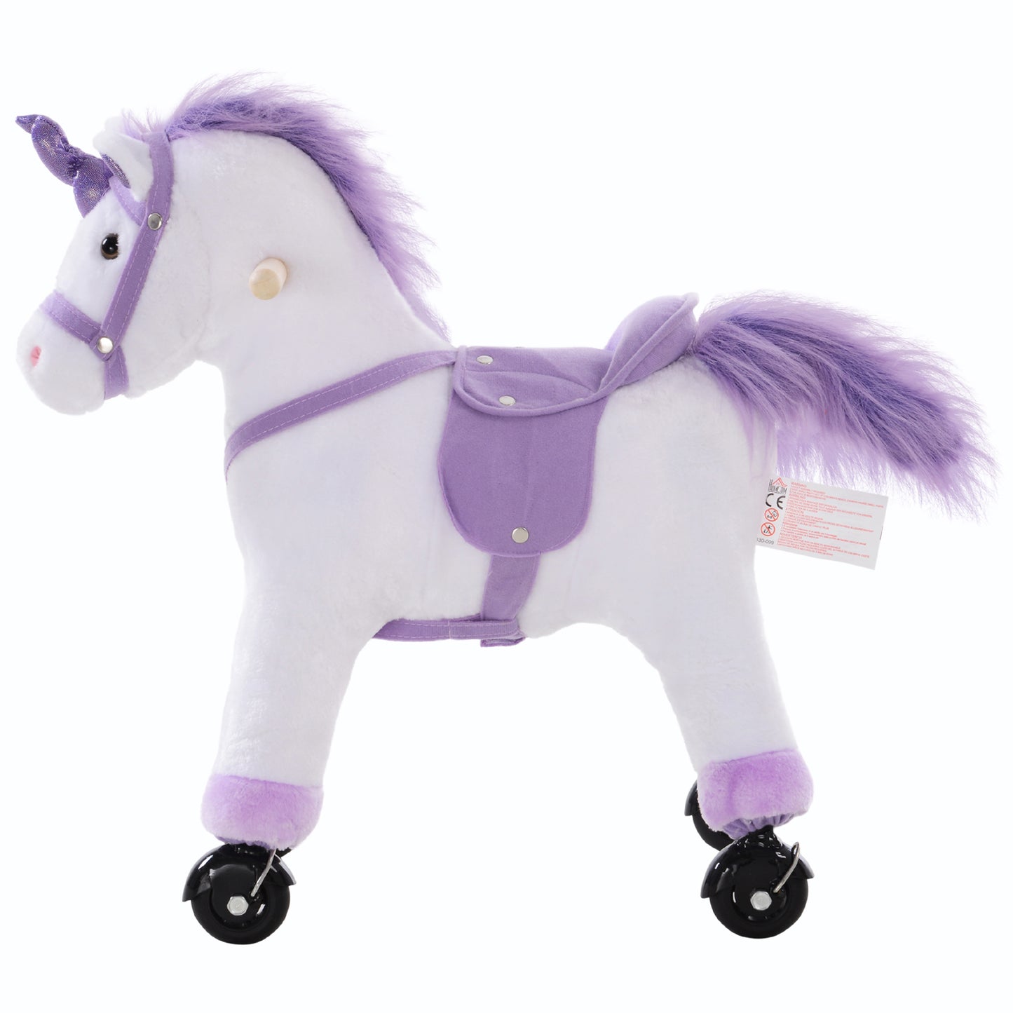 HOMCOM Four Wheel Sit-On Unicorn Horse Neigh Button Plush Safe Seat Handlebar Wood Frame