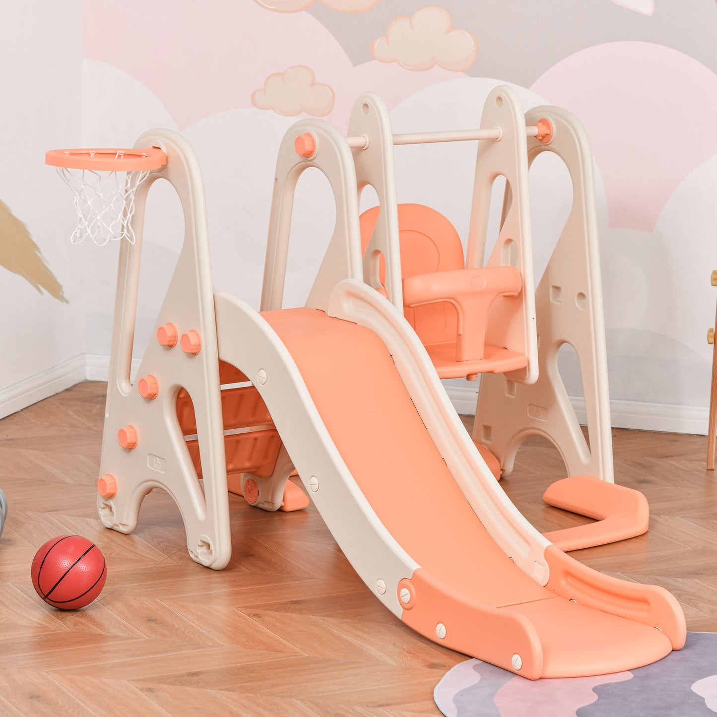 HOMCOM 3 in 1 Design Kids Swing and Slide Set with Basketball Hoop Playground Pink
