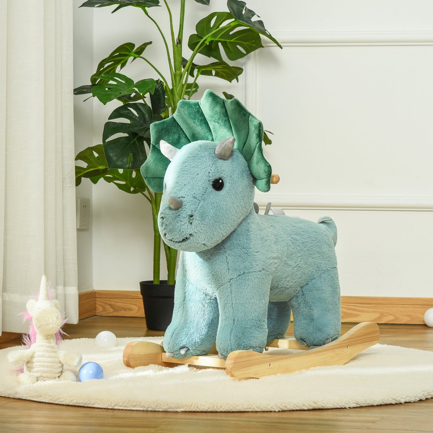 HOMCOM Kid Plush Ride-On Rocking Horse Triceratops-shaped Toy