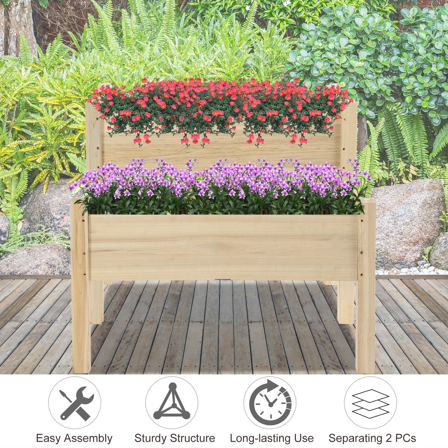 Outsunny 2-Piece Solid Fir Wood Plant Raised Bed  Garden Step Planter Stand