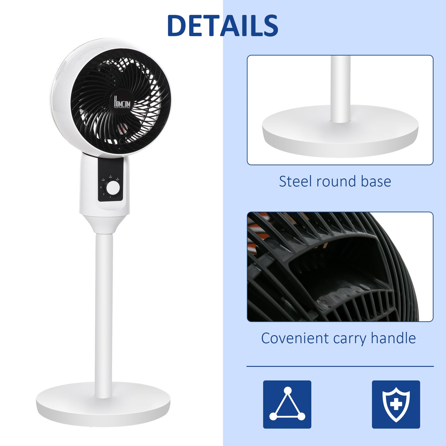 HOMCOM Oscillating Air Circulator Fan with 3 Speed Round Base Carry Handle Home Office