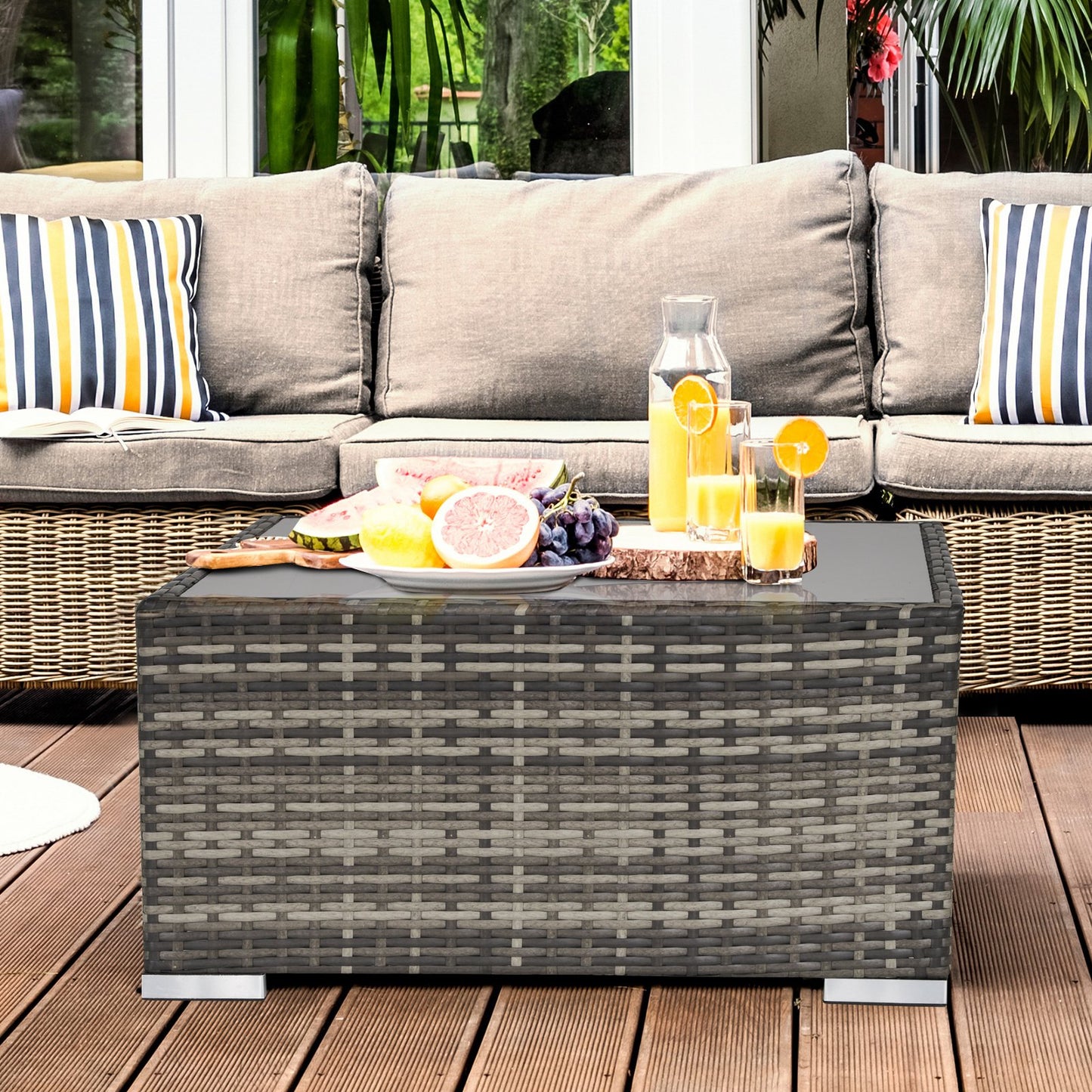 Outsunny Patio Wicker Coffee Table w/ Glass Top Furniture Suitable for Garden Backyard