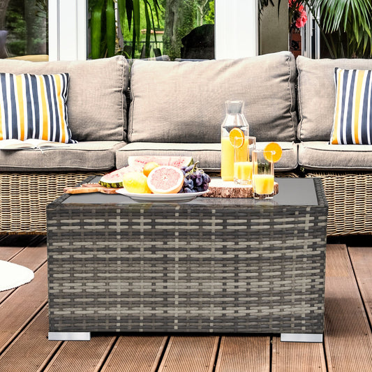 Outsunny Patio Wicker Coffee Table w/ Glass Top Furniture Suitable for Garden Backyard